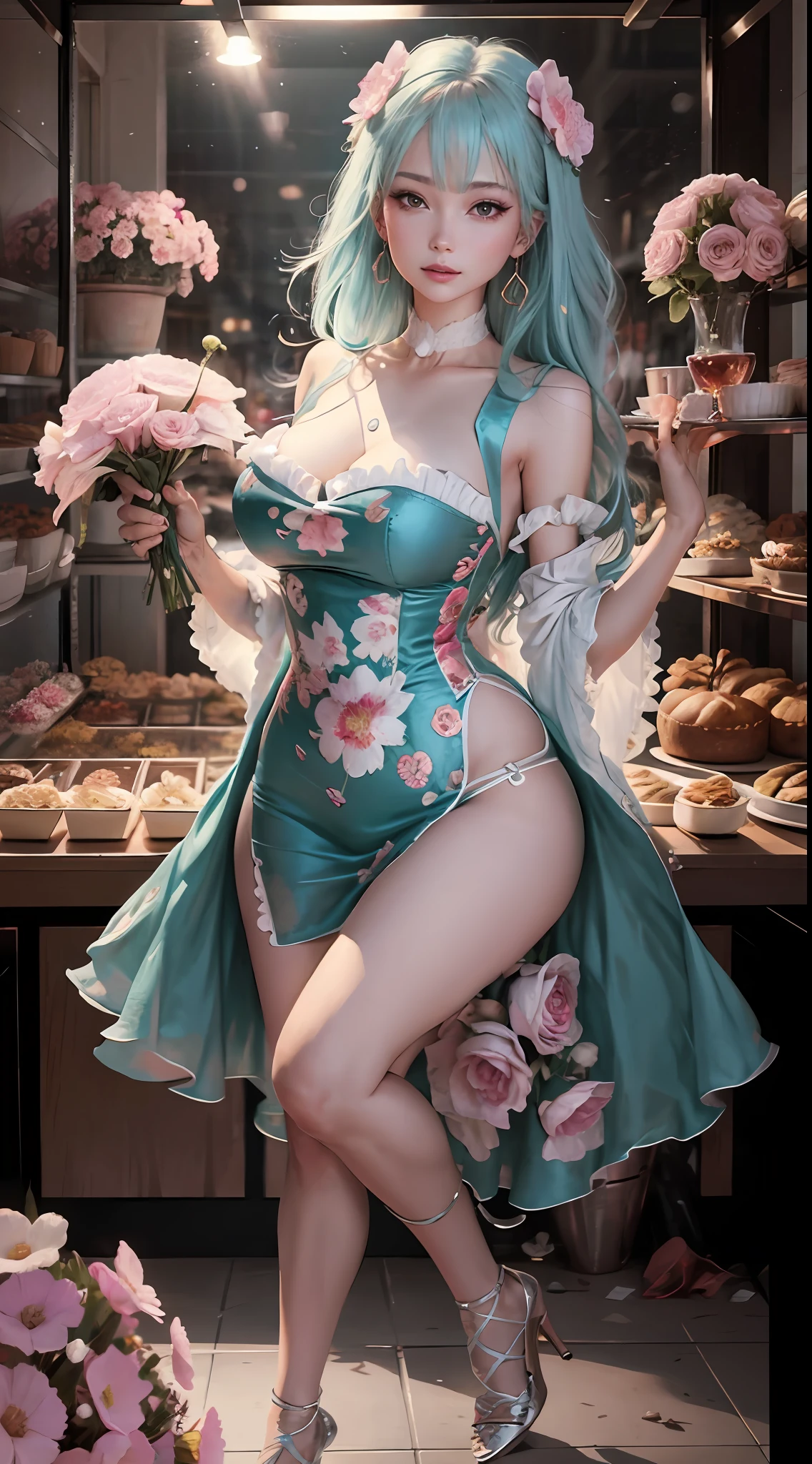 nikon RAW photo,8k,Fujifilm XT3,masterpiece,best quality,realistic,photorealistic,ultra detailed,extremely detailed face,cinematic lighting, gril,1girl,solo,full body, earrings, edium breasts, high heels, dynamic pose,happy,Surrounded by flowers,(flower:1.2),Rich details,fashion, bakery, DarkMagenta medium hime_cut, PaleTurquoise Rose Dress,