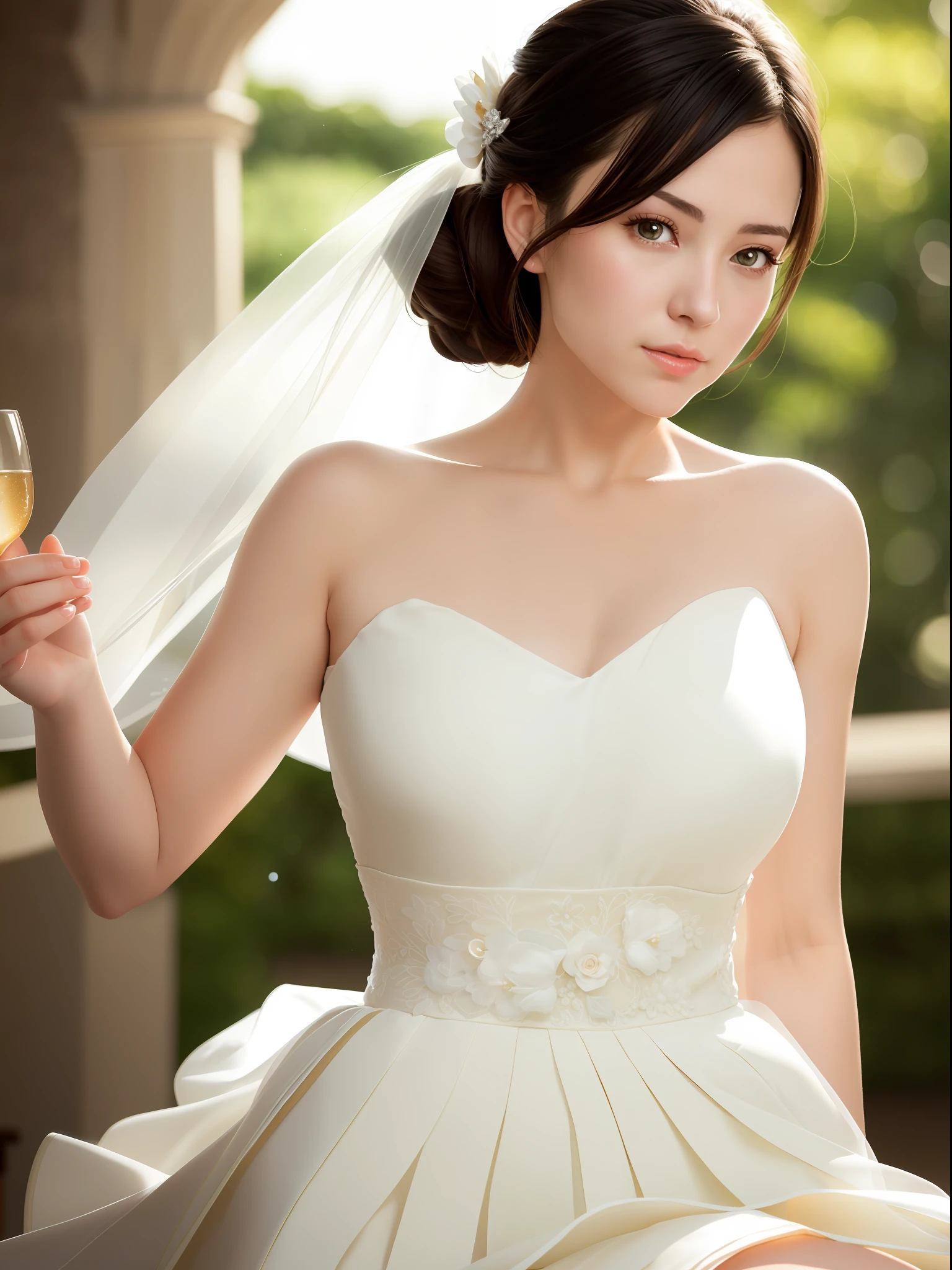 (sweat:0.7),Light yellow wedding dress,white short skirt,woman,japanese,exquisite face, beautiful face,bare shoulders,shoulders slightly exposed,translucent skin,black eyes,black hair,(photorealistic:1.4),realistic details, high resolution,bokeh,outstanding details