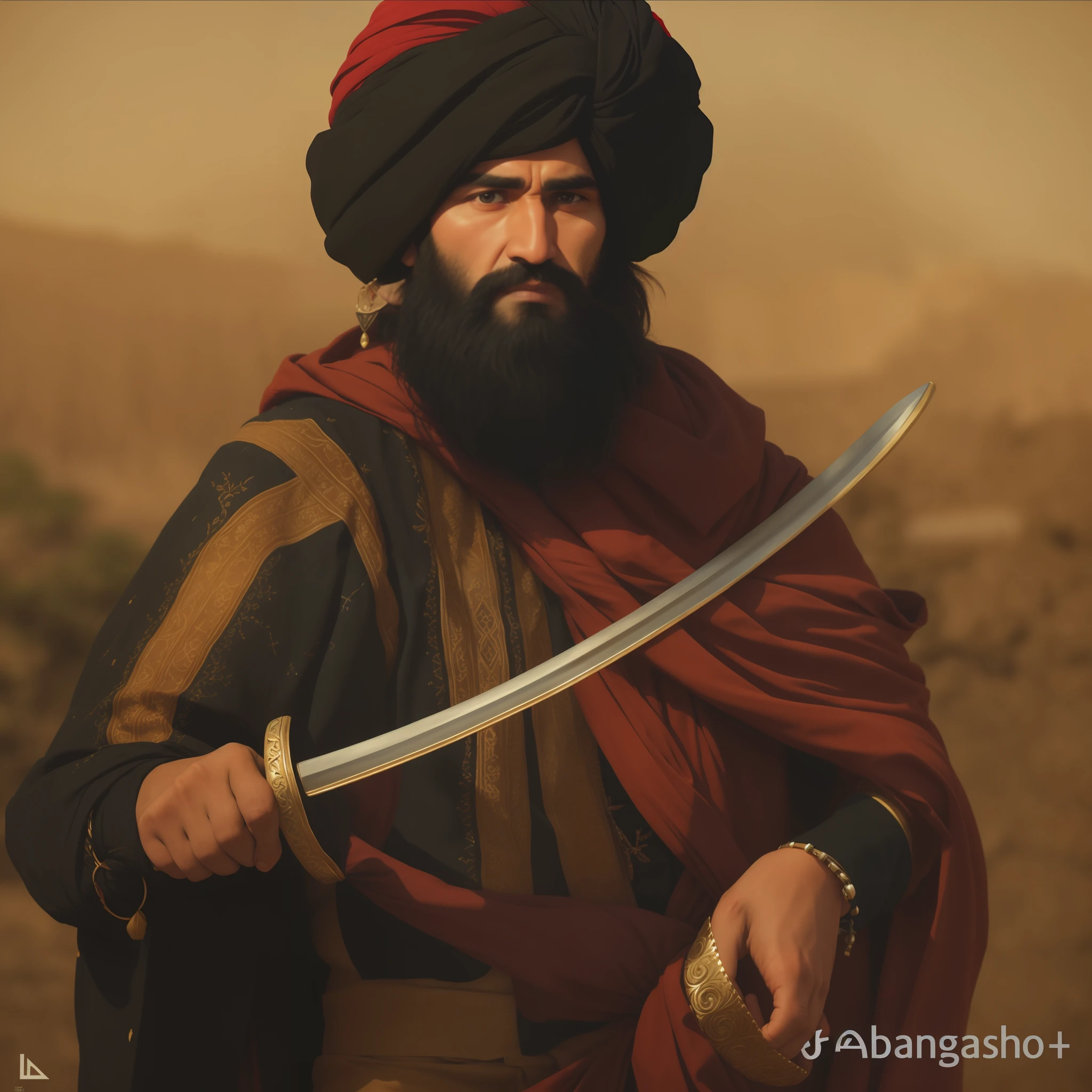 Handsome Pashtun tribal king, wearing black lungee turban,