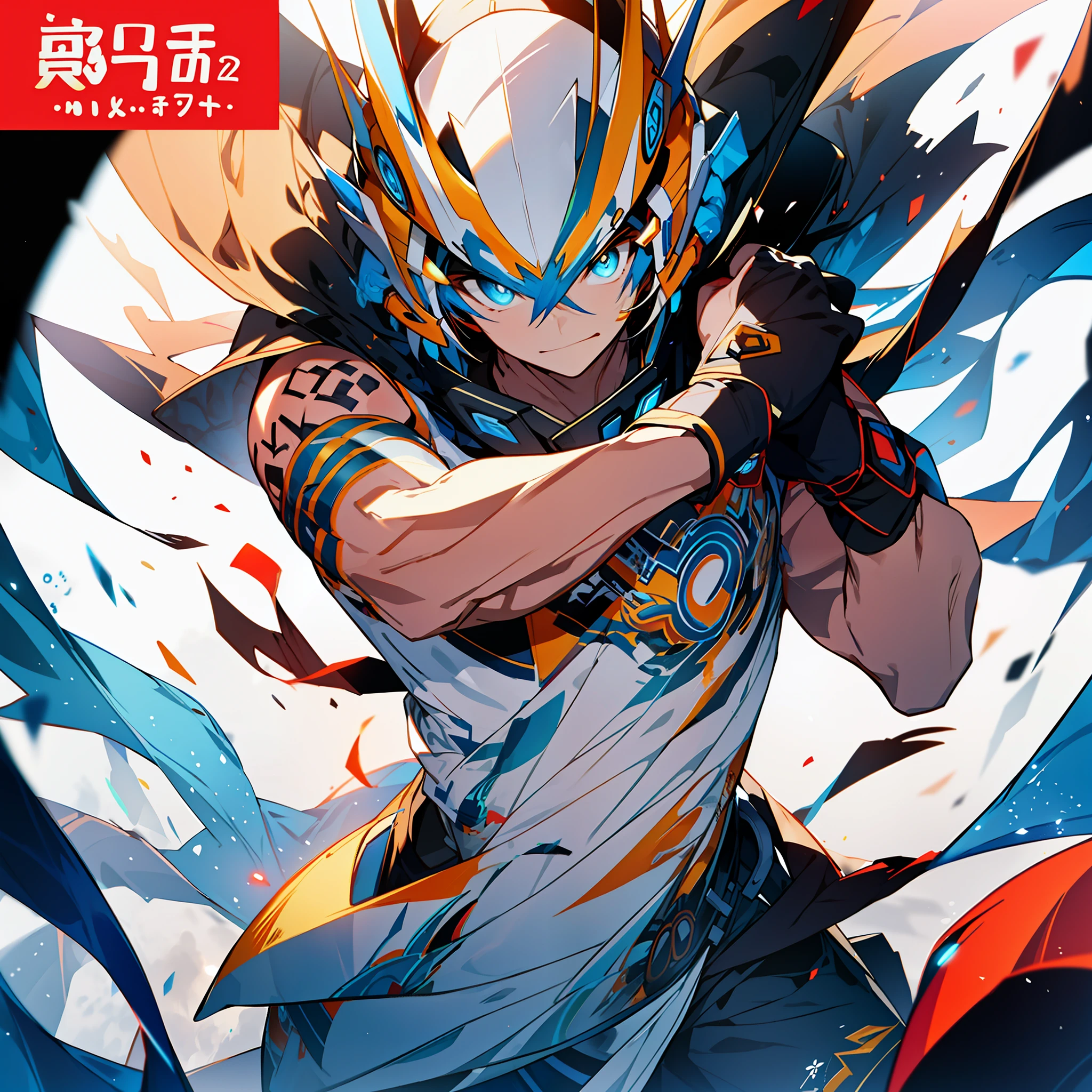 background, mixed-language_text, Japanese letters in graffit ,boys, excellent lighting, sidelighting, (), vhsKeeper,, style GUILTY GEAR -STRIVE perfect ultimate (flat color: 1.3), (magazine_cover: 1.4), (multicolored_background: 1.3), striped_background, card_background, :: comix style by joe madureira :: circular pieces of white metals glued to the arms coming out shimmering yellow glow, , perfect and detailed, ultra detailed shirt with abstract design and with letter print Japanese in graffiti of the sides of clothing, image of full-body boys fighting alongside you with powerful dragons versus alien creature full of tentacles, with immersive effects, hover effect, background graffiti style tribal tattoo with vibrant colors "HDR ultra" detailed and with focus effect, (masterpiece: 1.2, best quality), (beautiful eyes finely detailed: 1.2), , ((Solo)), (Finely detailed eyes and detailed face :1.3), in various full-body attack poses, (cute background: 1.2),futuristic costume, super detailed circular metals Clinging to arms and pants, fantastic paintings