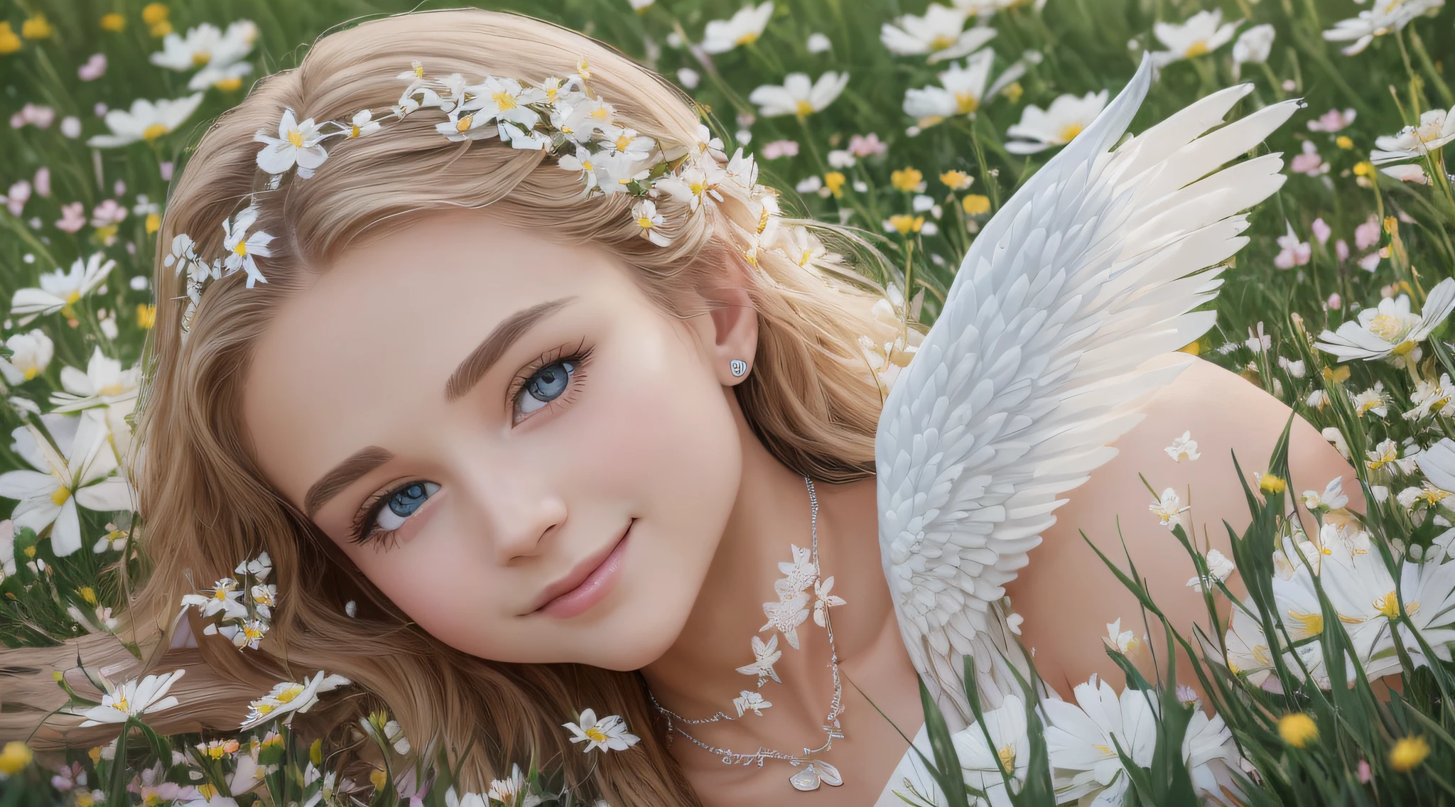 delicate, masterpiece, beautiful detailed, colorful, finely detailed, (50mm Sigma f/1.4 ZEISS lens, F1.4, 1/800s, ISO 100, fotograpy:1.1), lens flare, (photorealistic:1.1), detailed lips, intricate details, 1girl, solo, (a beautiful ), blonde hair, (angel wings:1.4), (white wings:1.2), (symmetrical wings: 1.5), (jewelry:1.5), (necklace:1.2), (diamond:1.3), bracelet, earrings, choker, (white thighs:1.2), (looking at the viewer:1.2), sexy pose, erotic pose, front view, (innocent smile:1.3), (covered, (on a field background of flowers:1.5), sky, (detailed background), (blurred background:0.8), (white flower:1.3), (pureerosface_v1:0.85), --auto --s2