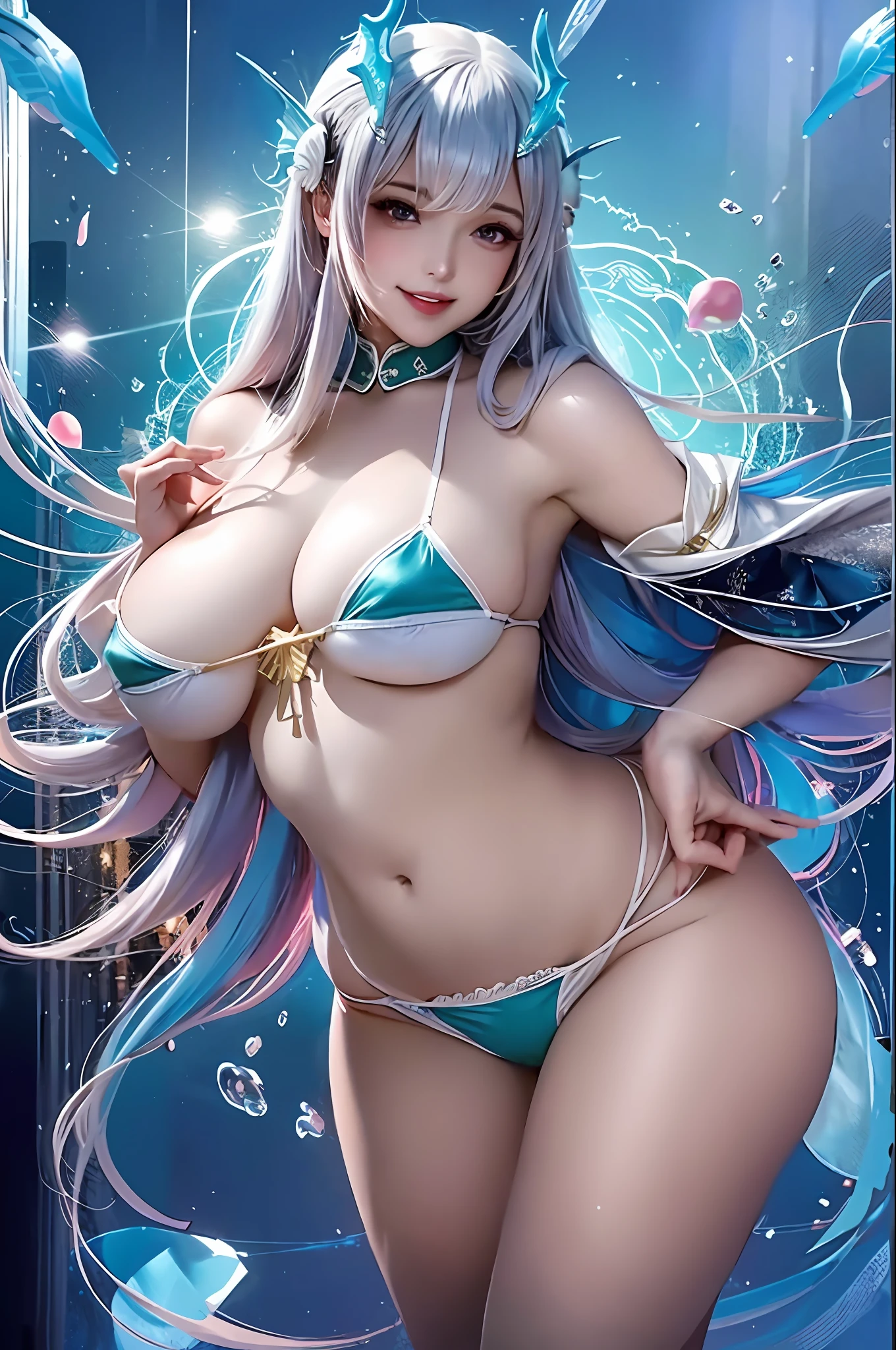 best quality, illustration, illustration, one girl, huge breasts, big breasts, hanging breasts, simple background, posing, smile, half naked, long string bikini, glamorous, 8k, perfect, racy micro bikini, shiny oiled skin