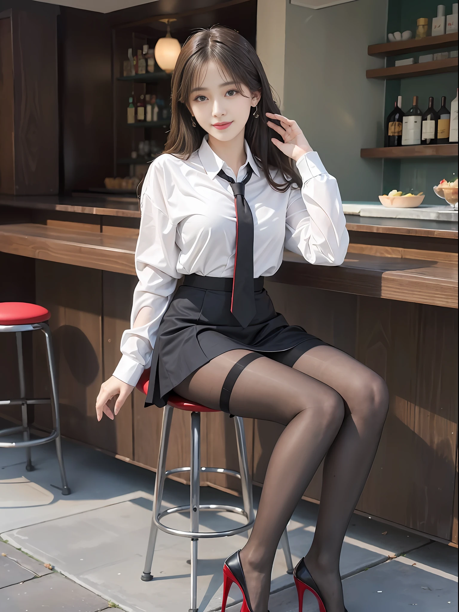 Exquisite, masterpiece, beautiful details, colorful, delicate details, delicate lips, intricate details, large breasts, 1 female, (a beautiful 20-year-old cute Korean woman: 1.1), (kpop idol, Korean mixed), (50mm Sigma f/1.4 ZEISS lens, F1.4, 1/800s, ISO 100, photograpy:1.1), (brunetize: 1.2), (photorealistic:1.4 ), (SPY:1.2), (Open Jacket,Shirt, Skirt,Tie,Black Pantyhose,Christian Louboutin\(Brand\),:1.3), Earrings, Necklace, Armbands, (Tavern, Bar:1.2), (Beautiful Legs, High Girl, Skinny, slim_legs, thigh_gap, Model:1.2), Lens flare, viewed from the front, (Happy smile: 1.1), dynamic pose, (makeup: 1.2), sitting on a bar stool,