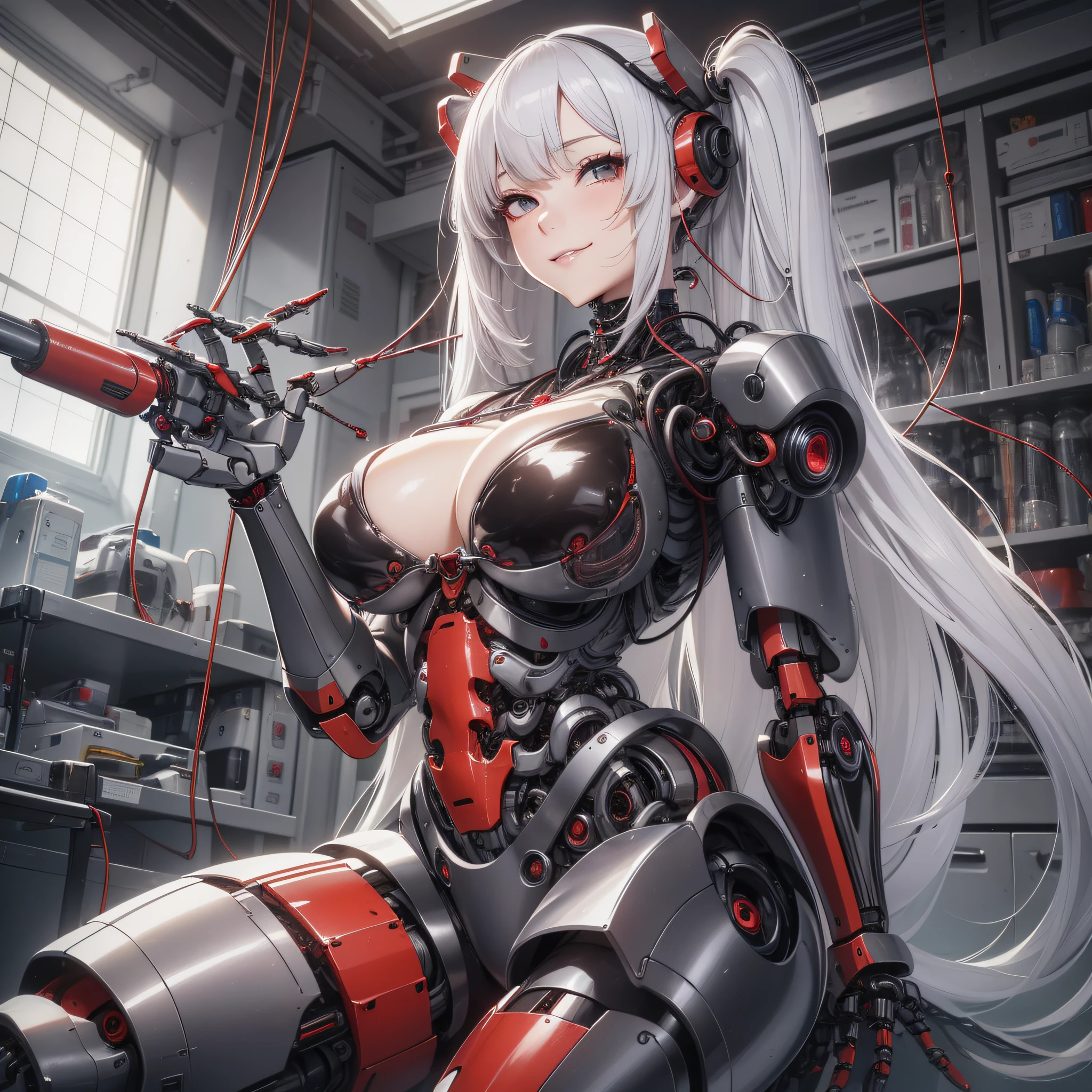Beautiful Face,face is Japan, 1 Woman, Big, Curvaceous,(8k, RAW photo, top quality, masterpiece: 1.2)(Realistic, Photorealistic: 1.37) (Blood vessel attached to tube)((((Bikini Cyborg robot parts)))), (Light gray hair), Long hair, Wavy hair, Twin tails, Medium shot, ((Seductive smile) ), (Black Eyes), Hime Cut,From Below,(whole body),posing,,Inside the lab,( Blood vessel connected to a tube),((Mechanical vertebrae attached to the back)),((Mechanical neck attached to the neck)),(Wire and cable attached to the head and body),(Character Focus),Science Fiction,