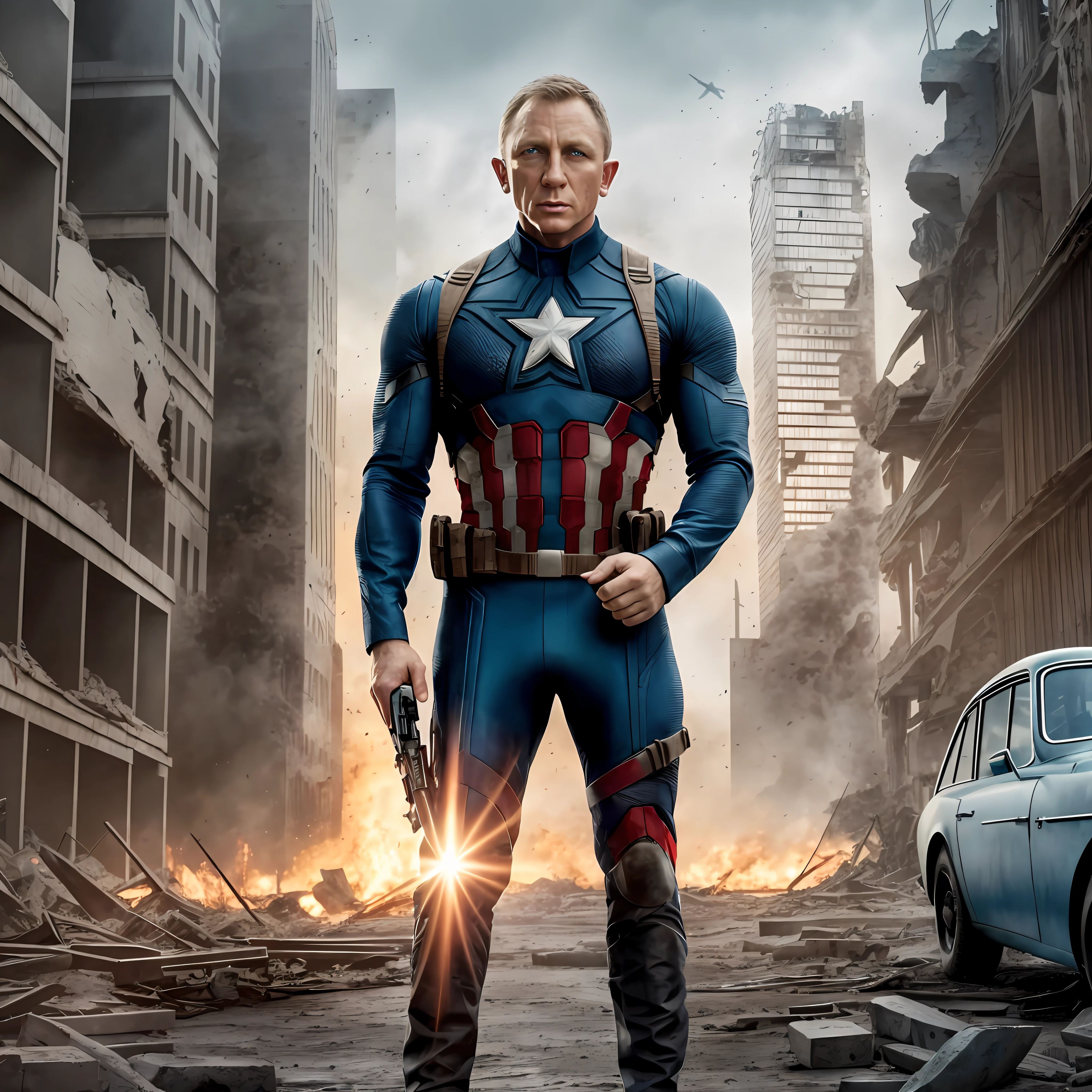actor Daniel Craig with blue eyes, famous for playing James Bond in the 007 films, in an environment of a destroyed city. In the image, he will be wearing a futuristic Captain America outfit with a logo "highlighting the numbers "007" on the chest --auto --s2