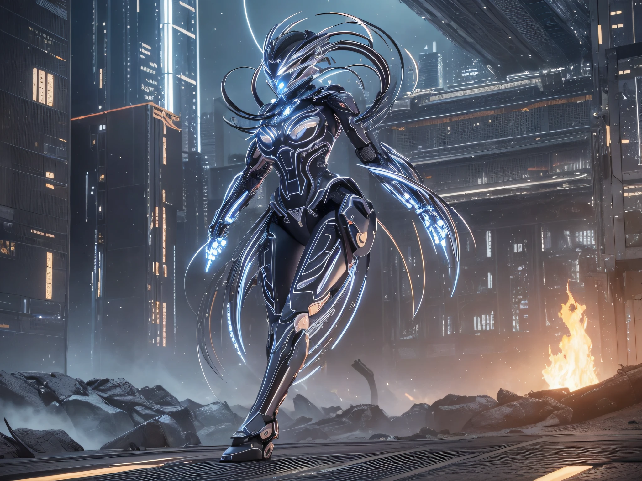 Complex 3d rendering very detailed beautiful ceramic silhouette female robot face, black gold, full body shot, full body, running, long knife, flame, three-dimensional, magic array, weapon, doomsday battlefield, deep starry sky background, deep blue night sky, galaxy, robot, robot parts, huge mechanical structure, edge light, vibrant details, luxurious cyberpunk, surrealism, facial muscles, chest muscles, microchip, octane rendering, HR Giger style, 8k, best quality , masterpiece, illustration, CG, unity, wallpaper, (realism, fidelity: 1.37), amazing, fine details, masterpiece, best quality, official art, very detailed CG unified 8k wallpaper,