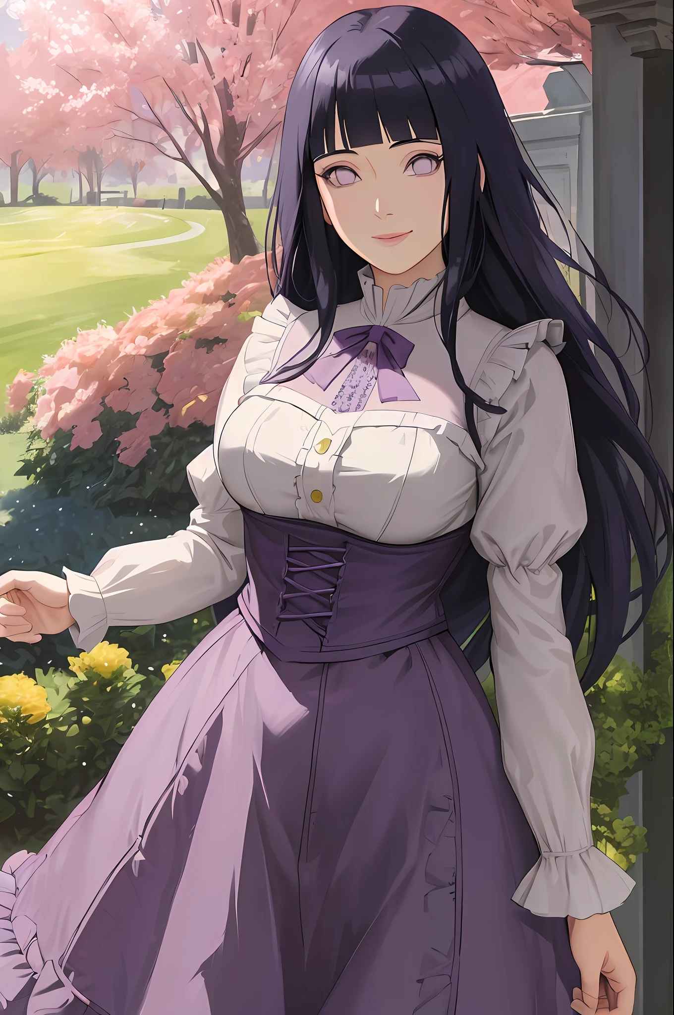 (absurdres, highres, ultra detailed), masterpiece, hinata\(boruto\), solo, 1girl,medium breasts, long purple victorian style dress, smile, (((long hair))),standing, the bodice and the skirt pattern, frill skirt, lace, blink blink effect, (((detailed lips))), cowboy shoot, garden, flowers