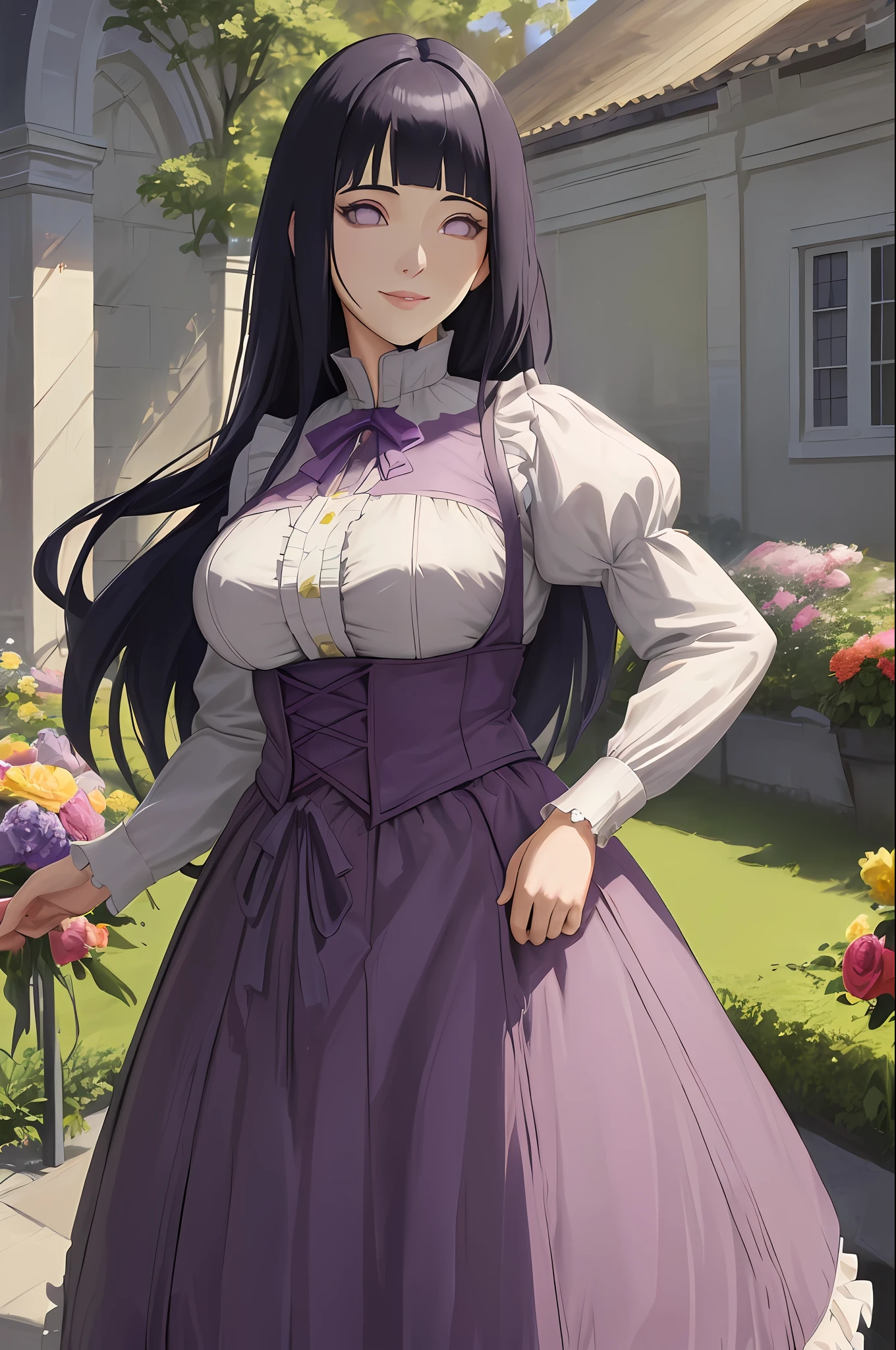 (absurdres, highres, ultra detailed), masterpiece, hinata\(boruto\), solo, 1girl,medium breasts, long purple victorian style dress, smile, (((long hair))),standing, the bodice and the skirt pattern, frill skirt, lace, blink blink effect, (((detailed lips))), cowboy shoot, garden, flowers