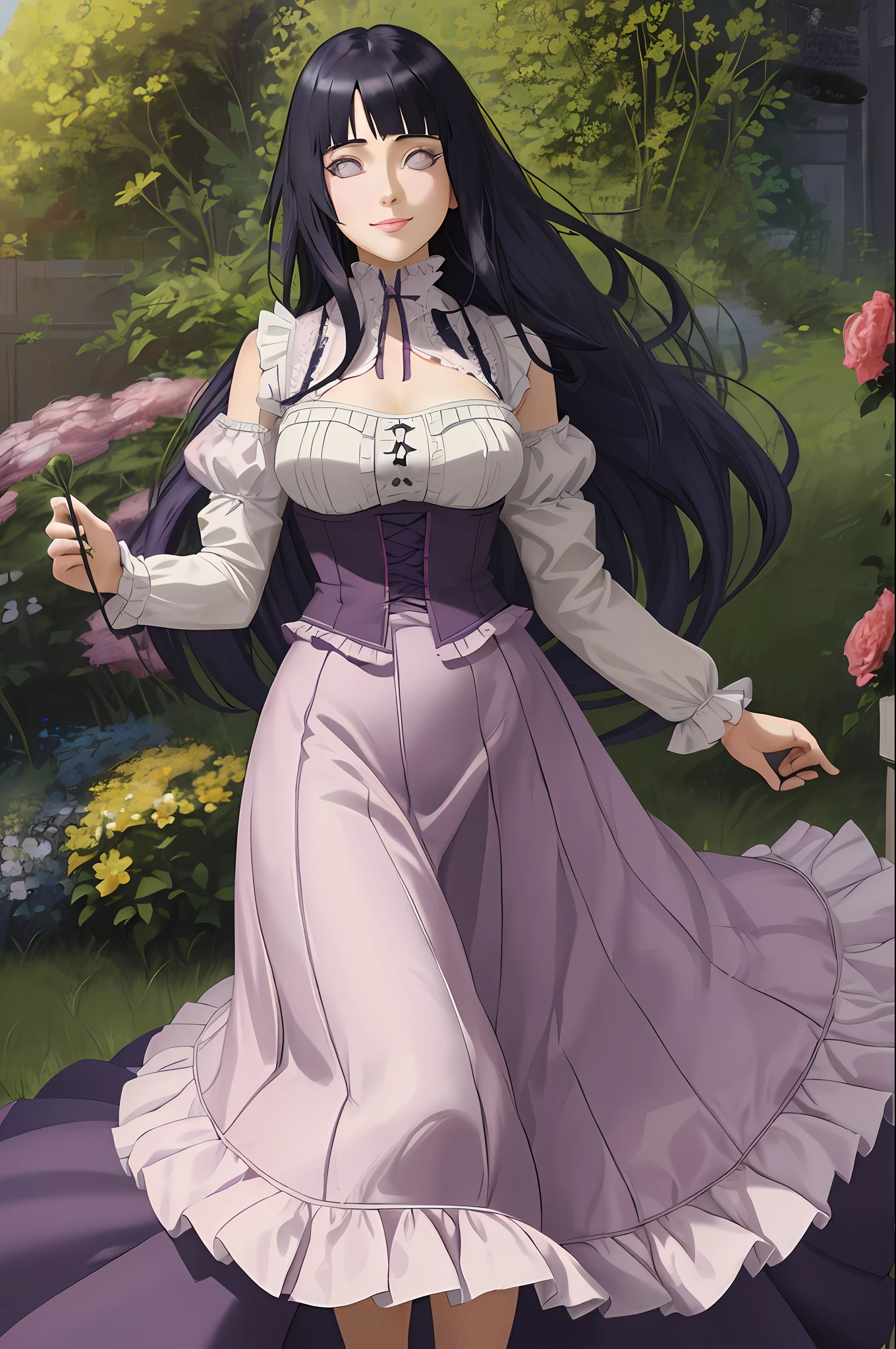 (absurdres, highres, ultra detailed), masterpiece, hinata\(boruto\), solo, 1girl,medium breasts, long purple victorian style dress, smile, (((long hair))),standing, the bodice and the skirt pattern, frill skirt, lace, blink blink effect, (((detailed lips))), cowboy shoot, garden, flowers