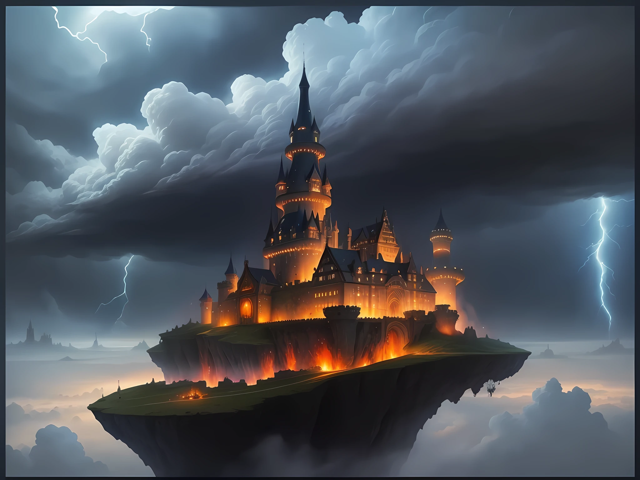 Arafed Castle in the sky with lightning coming out of it, Flying Cloud Castle, ((Scarry's Castle)). mystical, (Scarry Castle). mystical, flying castle, castle in the clouds, fantasy castle, castle made of clouds, atmospheric fantasy lighting, inspired by Andreas Rocha, high fantasy castle, concept art, Andreas Rocha style
