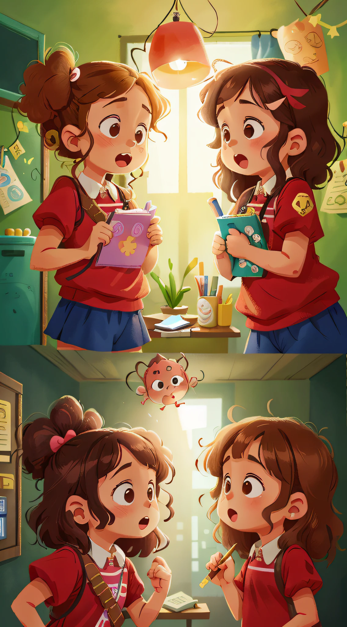 Two girls, twins, curly brown hair, quarrelsome of doctor and patient