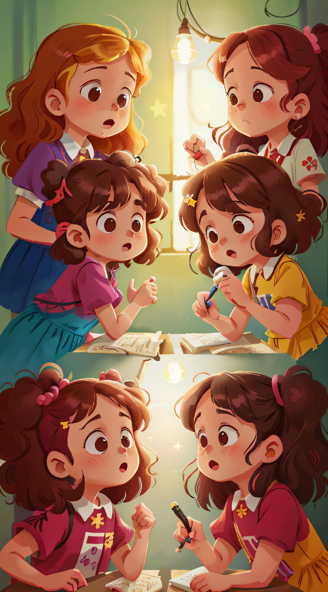 Two girls, twins, curly brown hair, quarrelsome of doctor and patient