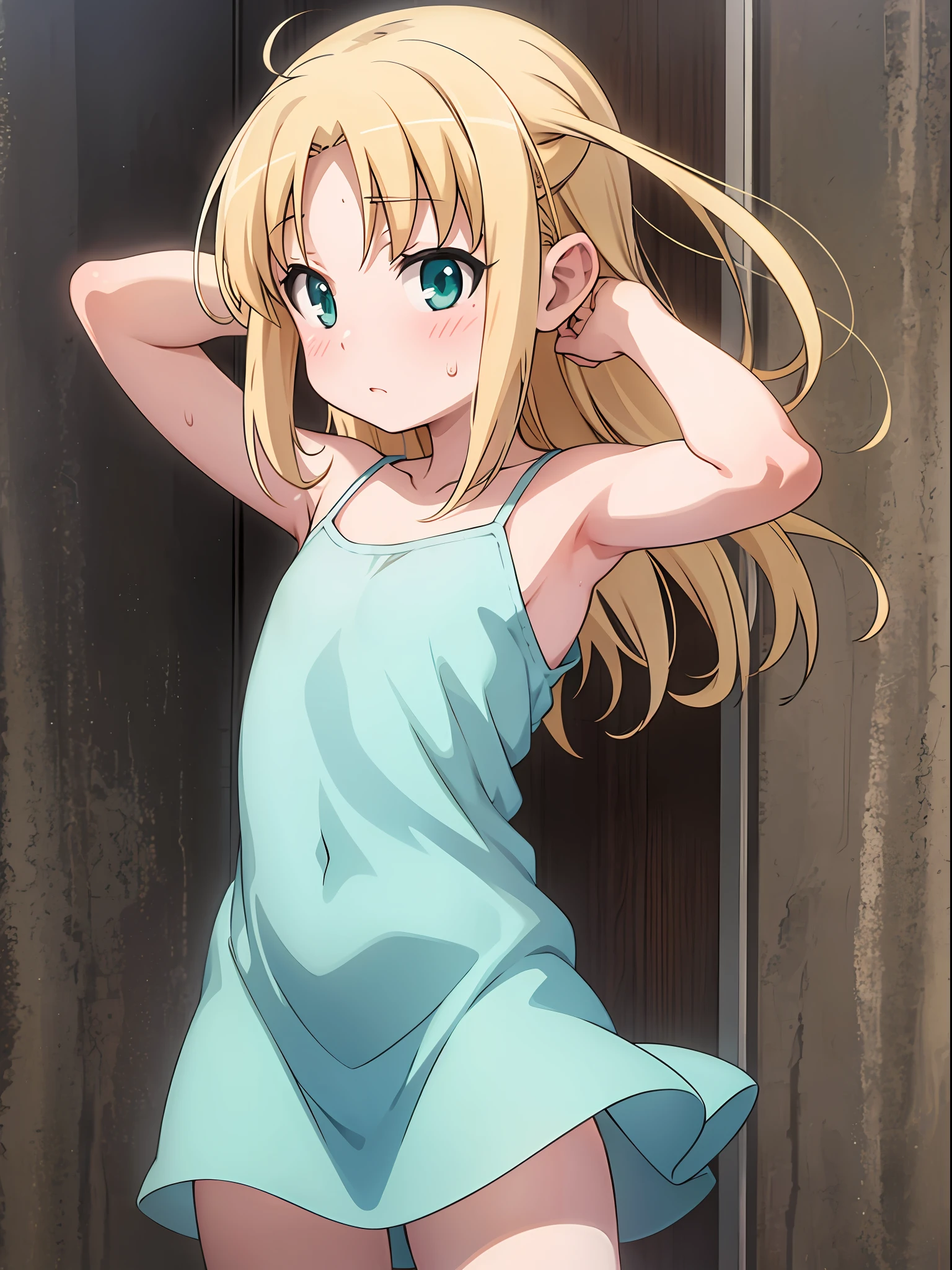 Anime painting, yuyushiki, nonnonbi,
girl, 14 years old, expressionless, camisole dress,
sweat, hair fluttering in the wind, armpits,