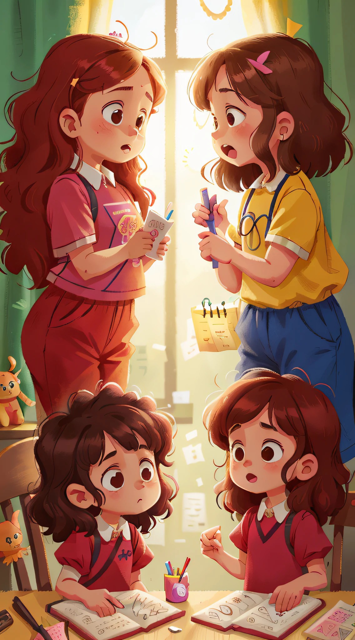 Two girls, twins, curly brown hair, quarrelsome of doctor and patient