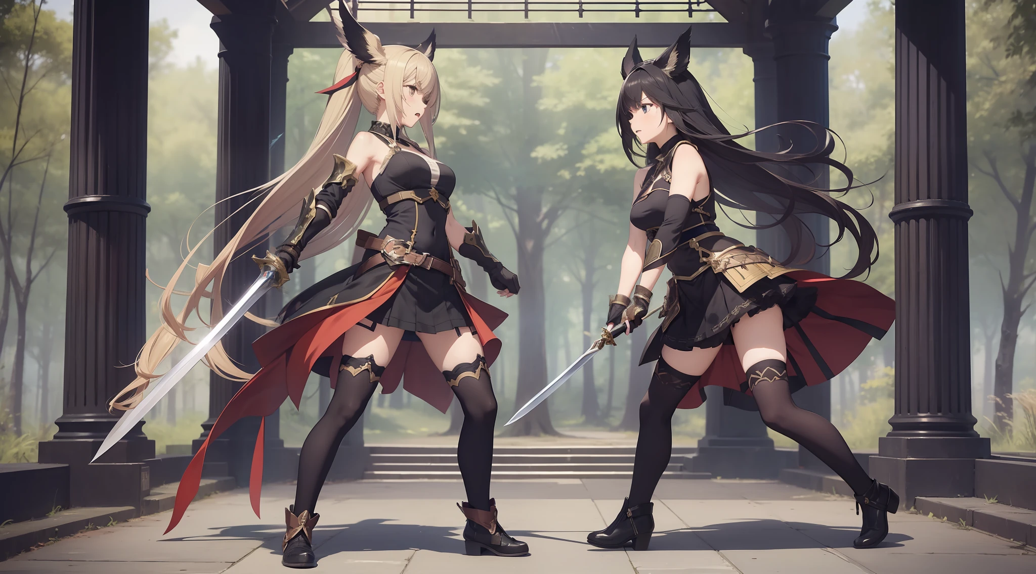 Full body shot from head to feet, duel between two adult female characters from Granblue Fantasy. Female 1 attacking Female 2 with sword, with serious expression. Female 2 defending with sword, wounded and killed, in pain expression. Both characters have long hairstyle. Both characters wear sleeveless dress, long gloves, short skirt, complemented by black thigh highs stockings. The background set in a deep forest, with simple effect.