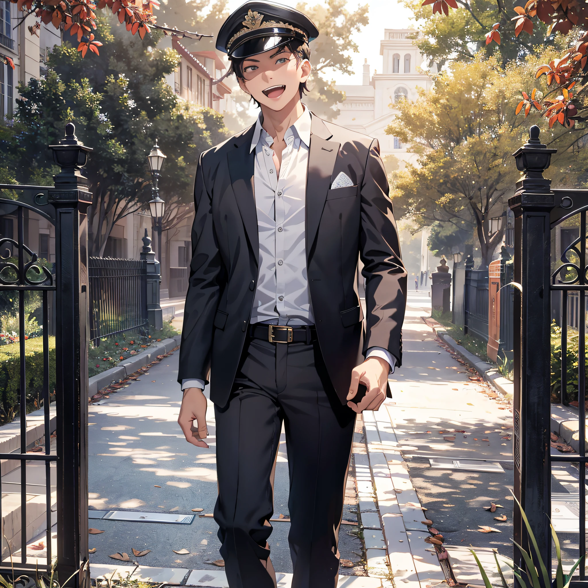 Absurd resolution, high resolution, (masterpiece: 1.4), hyperdetail, 1boy, mature man, fashion wear, background at the gate of the university gate, arrogant expression, open mouth laughter