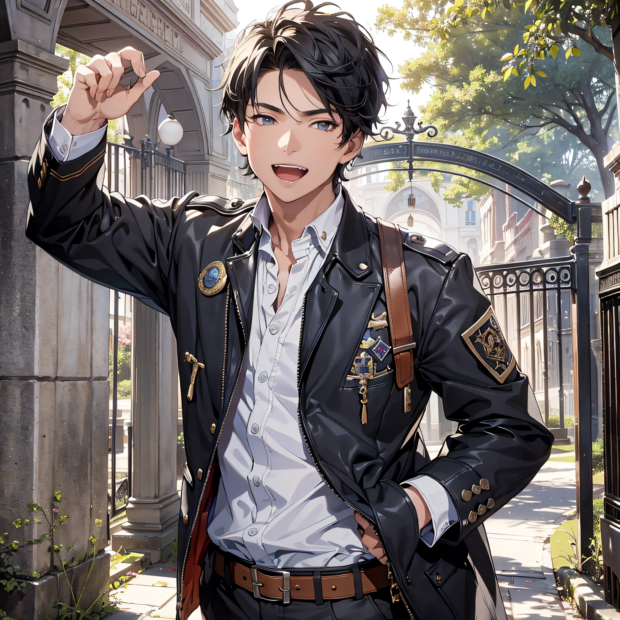 Absurd resolution, high resolution, (masterpiece: 1.4), hyperdetail, 1boy, mature man, fashion wear, background at the gate of the university gate, arrogant expression, open mouth laughter