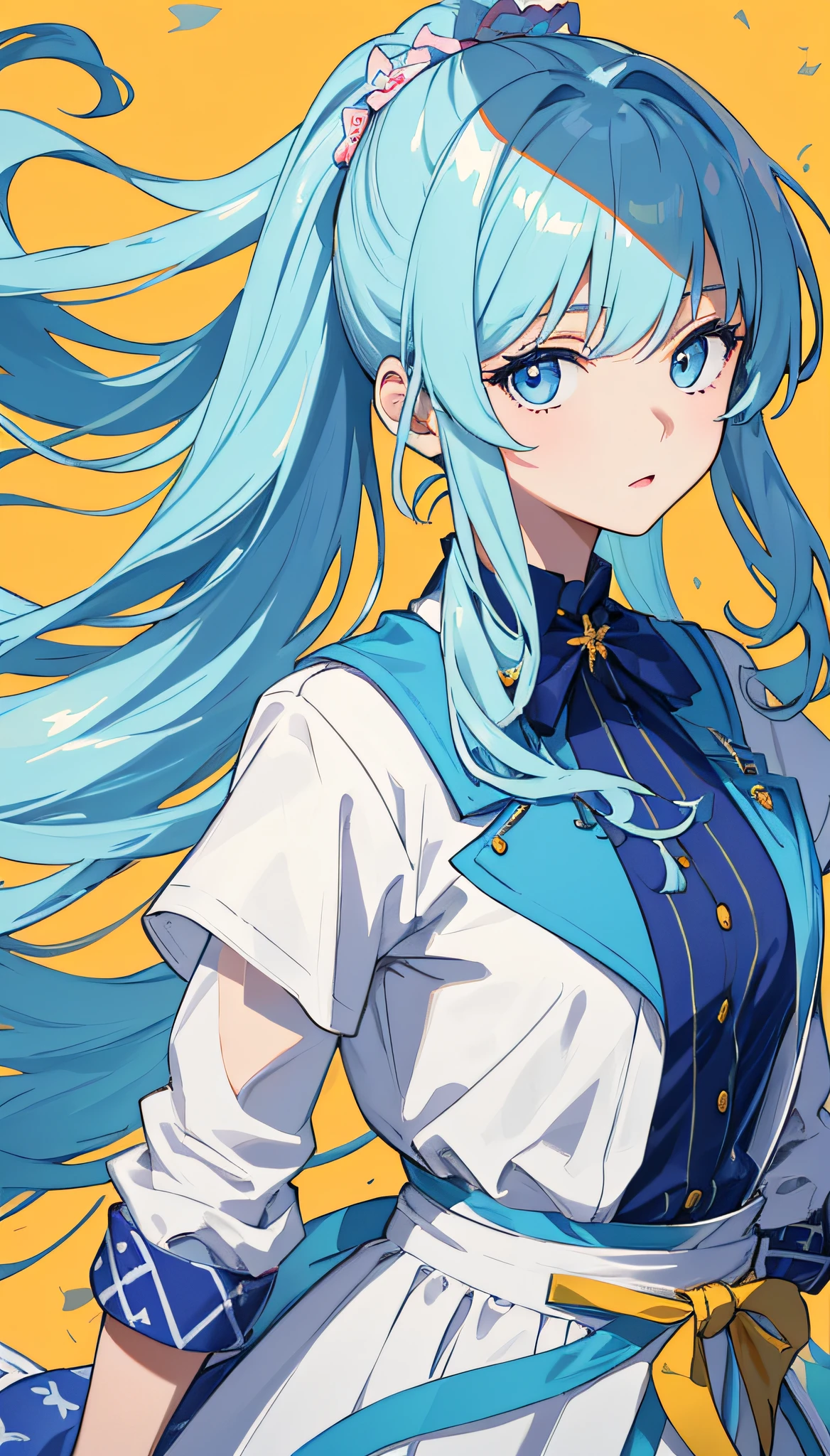 (masterpiece), (best quality), (ultra detailed),(disheveled hair),(illustration), (1girl), (Fashionable clothing), standing, Fashion model, looking at viewer, (interview), (simple background),beautiful detailed eyes, delicate beautiful face, Floating,(high saturation),(colorful splashes),colorful bubble,(shining), focus on face,  ponytail, kamisato ayaka, light blue hair, bangs, hair ring, floating flowers, floating hairs, (shining), best lighting, best shadow,