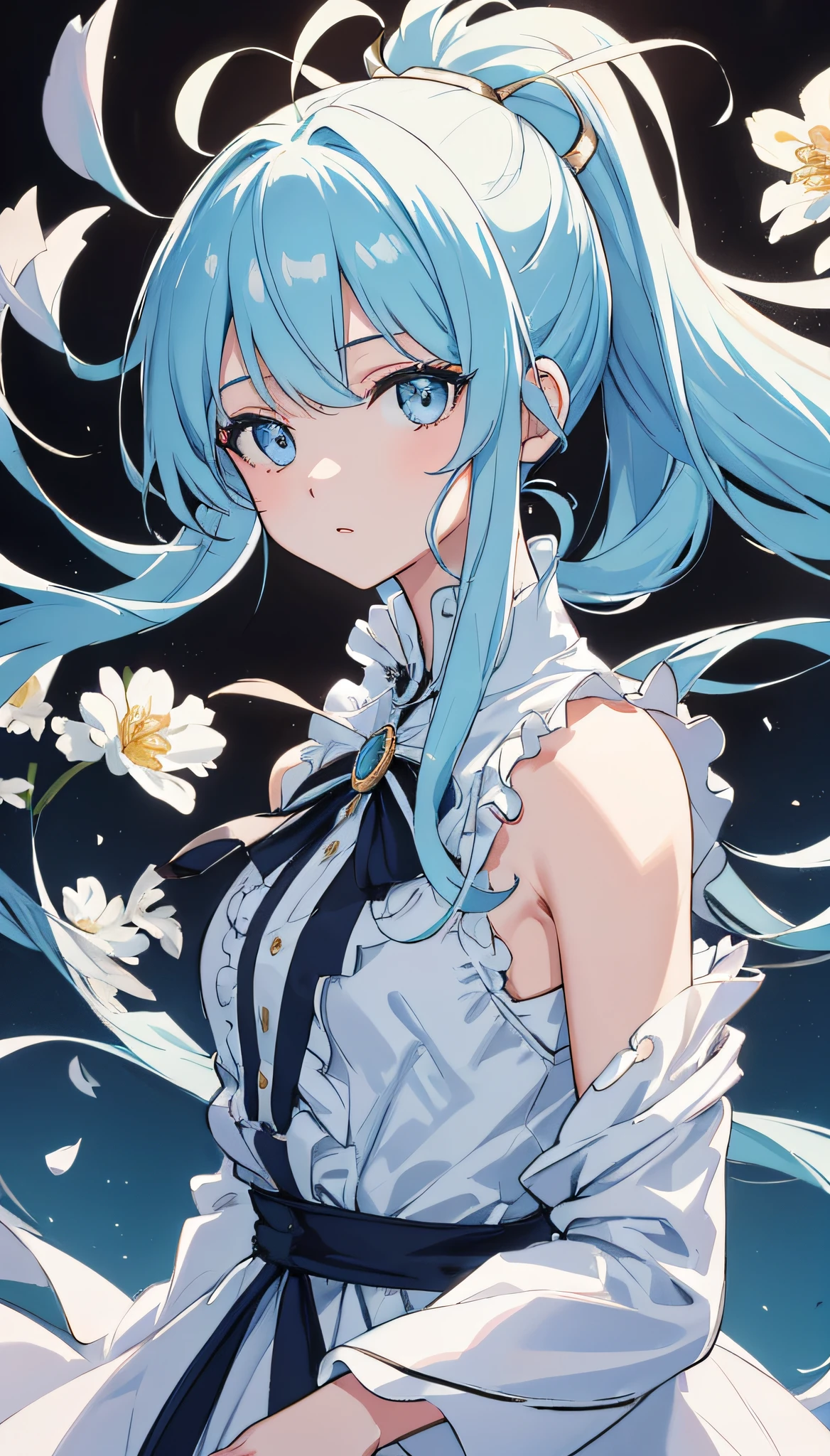 (masterpiece), (best quality), (ultra detailed),(disheveled hair),(illustration), (1girl), (Fashionable clothing), standing, Fashion model, looking at viewer, (interview), (simple background),beautiful detailed eyes, delicate beautiful face, Floating,(high saturation),(colorful splashes),colorful bubble,(shining), focus on face,  ponytail, kamisato ayaka, light blue hair, bangs, hair ring, floating flowers, floating hairs, (shining), best lighting, best shadow,