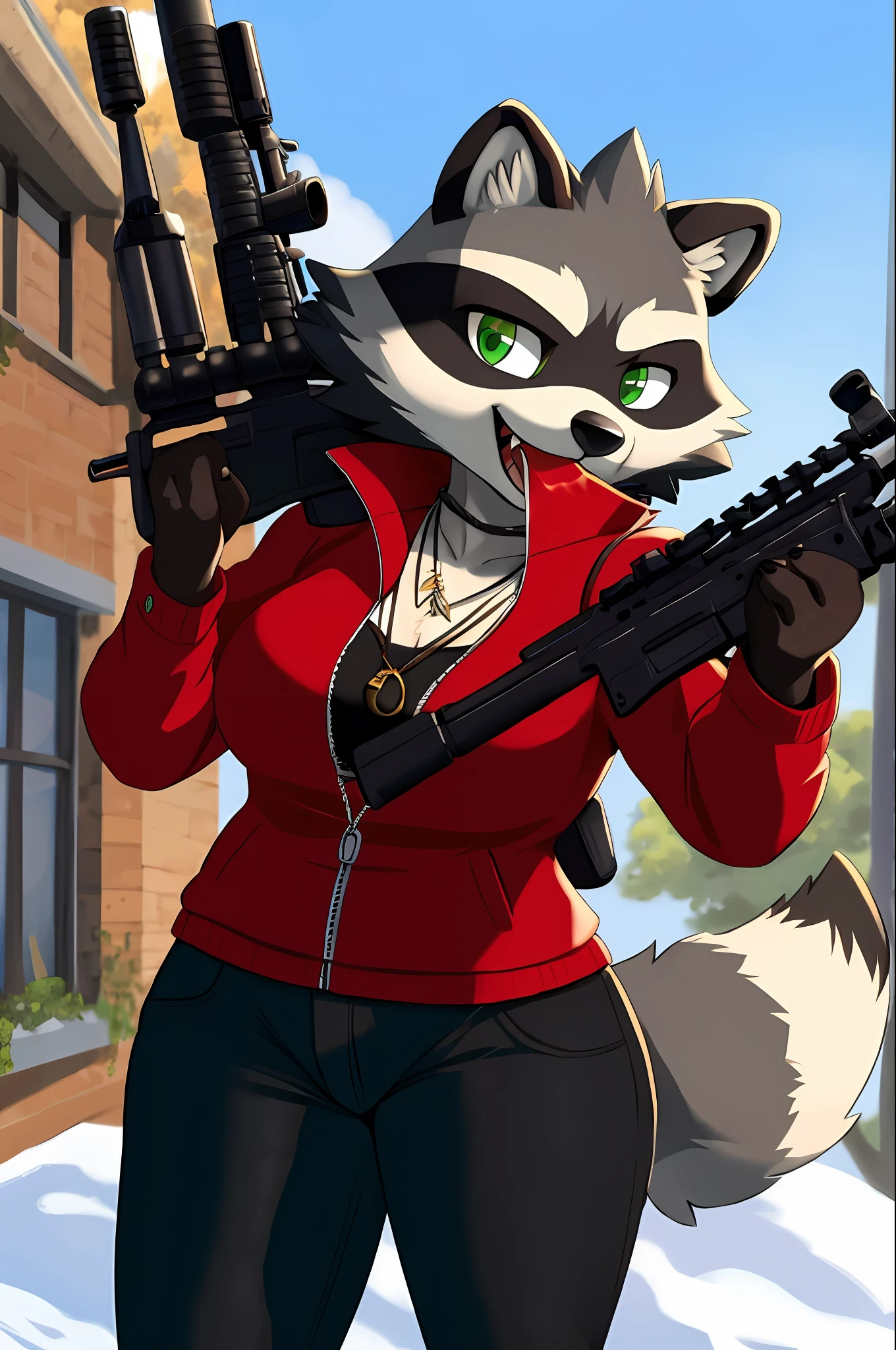 Female raccoon dog with black fur and green eyes. She has a wide face, a long tail and a pair of fangs in his mouth. Bulky physique, shaggy coat, serious look. She wears a red jacket and black pants and holds a necklace with a wolf pendant. She is a loyal and brave raccoon dog and likes to protect and lead. She has a rifle in her hand.
