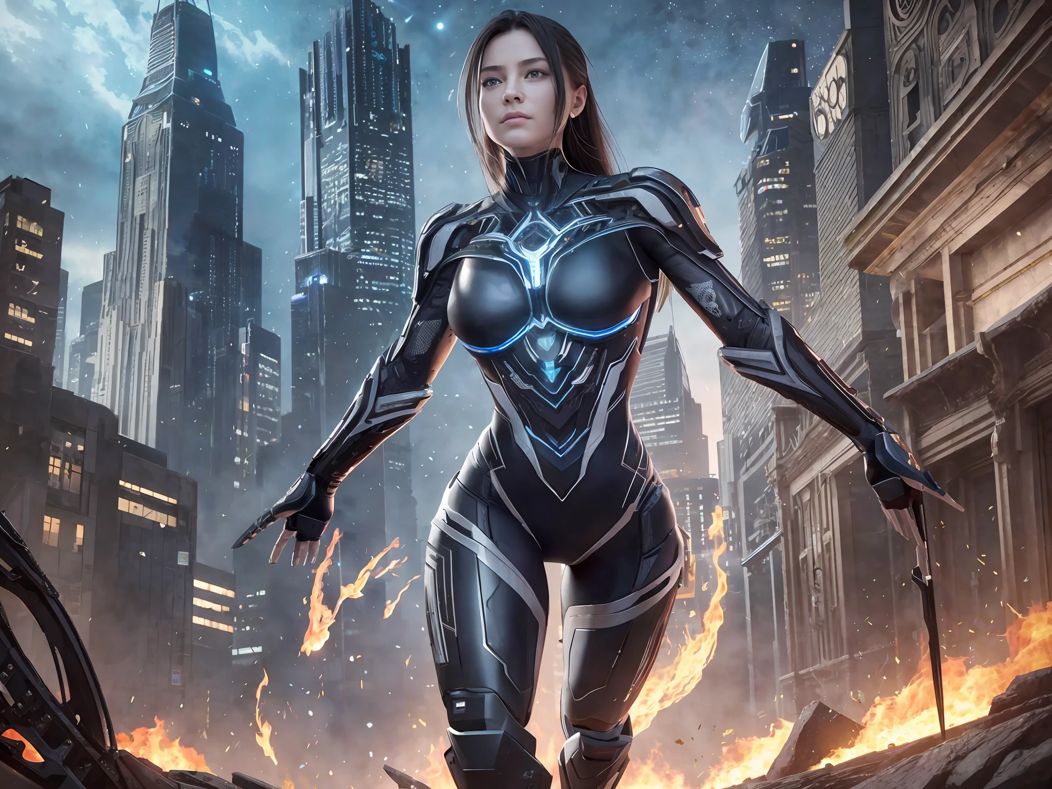 A Girl, complex 3d rendering very detailed beautiful ceramic silhouette female face, black gold, full body shot, full body, running, long knife, flame, three-dimensional, magic array, weapon, doomsday battlefield, deep starry sky background, deep blue night sky, galaxy, robot, robot parts, huge mechanical structure, edge light, vibrant details, luxurious cyberpunk, surrealism, facial muscles, chest muscles, microchip, octane rendering, HR Giger style, 8k, Best Quality, Masterpiece, Illustration, CG, Unity, Wallpaper, (Realism, Realisticity: 1.37), Amazing, Fine Details, Masterpiece, Best Quality, Official Art, Very Detailed CG Unified 8k Wallpaper,