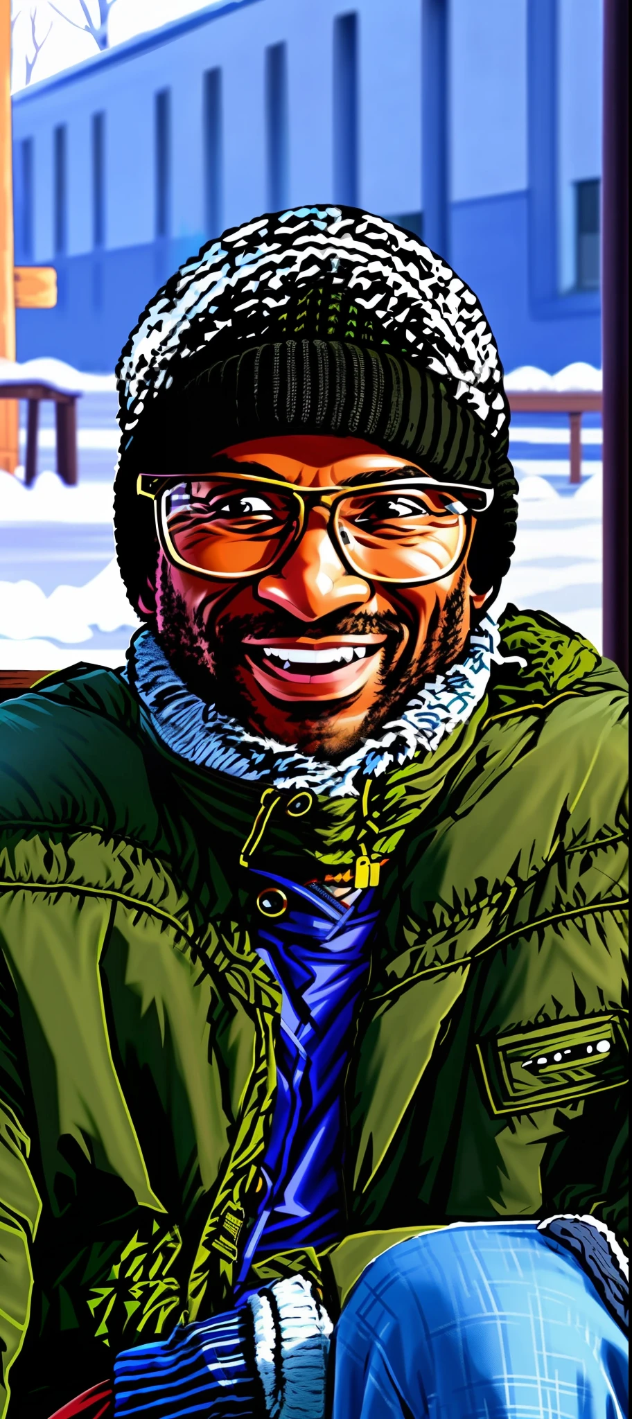 Smiling black man in winter jacket and hat sitting on a bench, taken in early 2020, 45-year-old men, realistic animation style anime