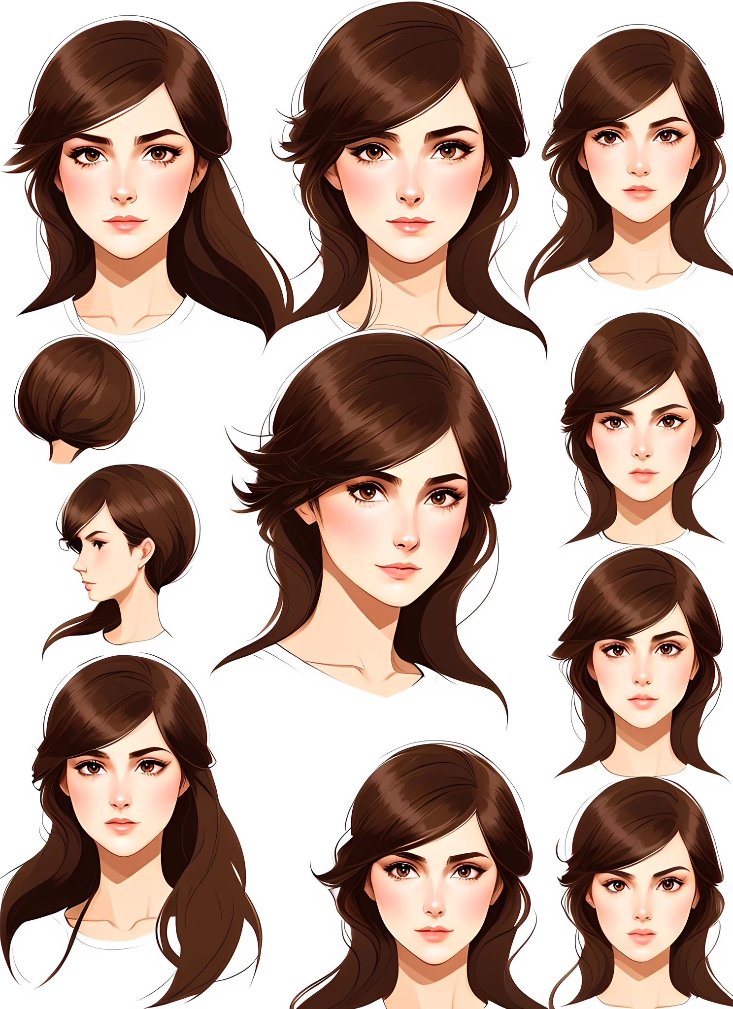 Young beautiful woman, head, close up character design, multiple concept design, concept design sheet, white background, 2d art, super detailed