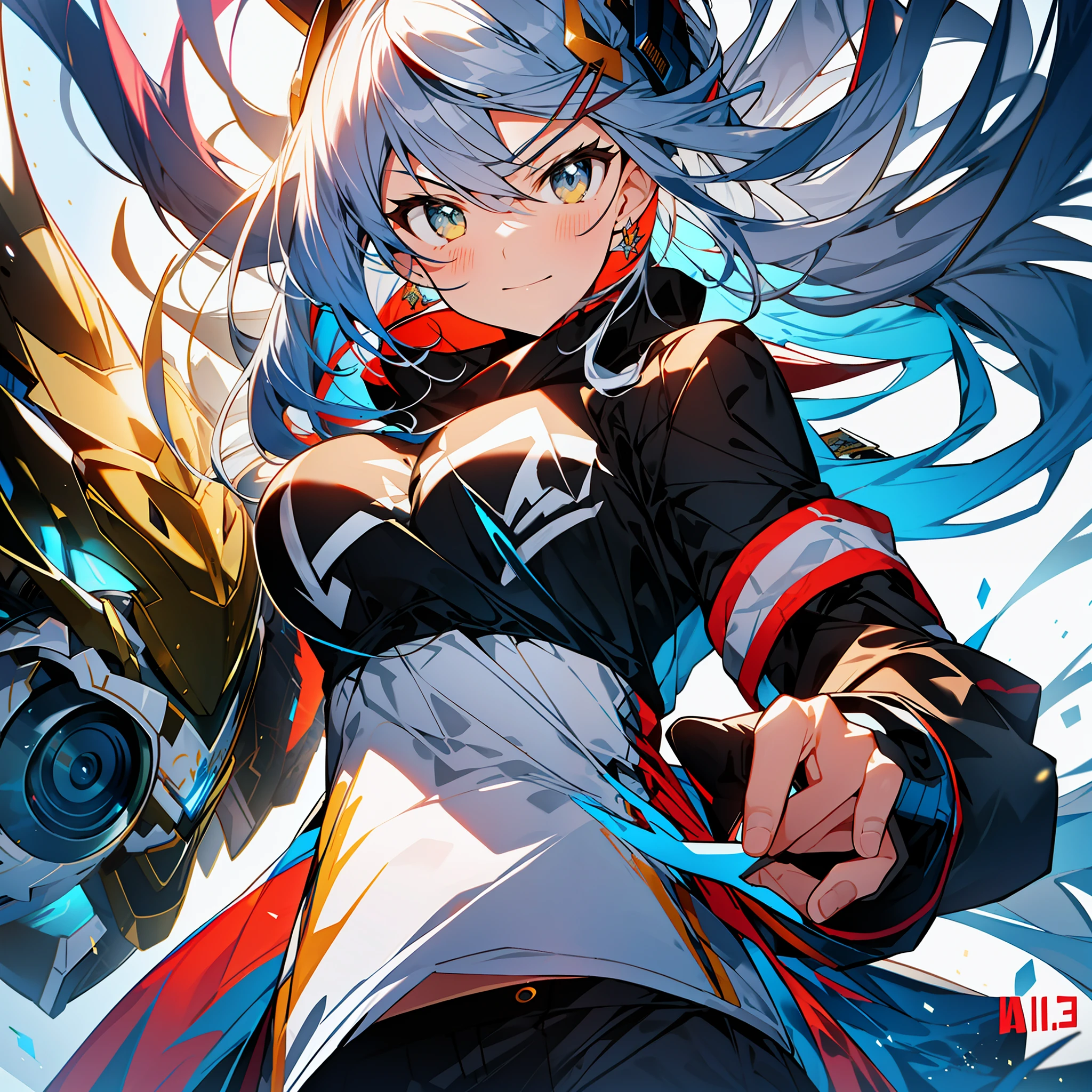 background, mixed-language_text, Japanese letters in graffit ,girls, excellent lighting, sidelighting, (), vhsKeeper,, style GUILTY GEAR -STRIVE perfect ultimate (flat color: 1.3), (magazine_cover: 1.4), (multicolored_background: 1.3), striped_background, card_background, :: comix style by joe madureira :: circular pieces of white metals glued to the arms coming out shimmering yellow glow, , perfect and detailed, ultra detailed shirt with abstract design and with letter print Japanese in graffit of the sides of clothing, image of full-body girls fighting alongside you with powerful dragons versus alien creature full of tentacles, with immersive effects, hover effect, background graffiti style tribal tattoo with vibrant colors "HDR ultra" detailed and with focus effect, (masterpiece: 1.2, best quality), (beautiful eyes finely detailed: 1.2), , ((Solo)), (Finely detailed eyes and detailed face :1.3), in various full-body attack poses, (cute background: 1.2),futuristic costume, super detailed circular metals Clinging to arms and pants, fantastic paintings