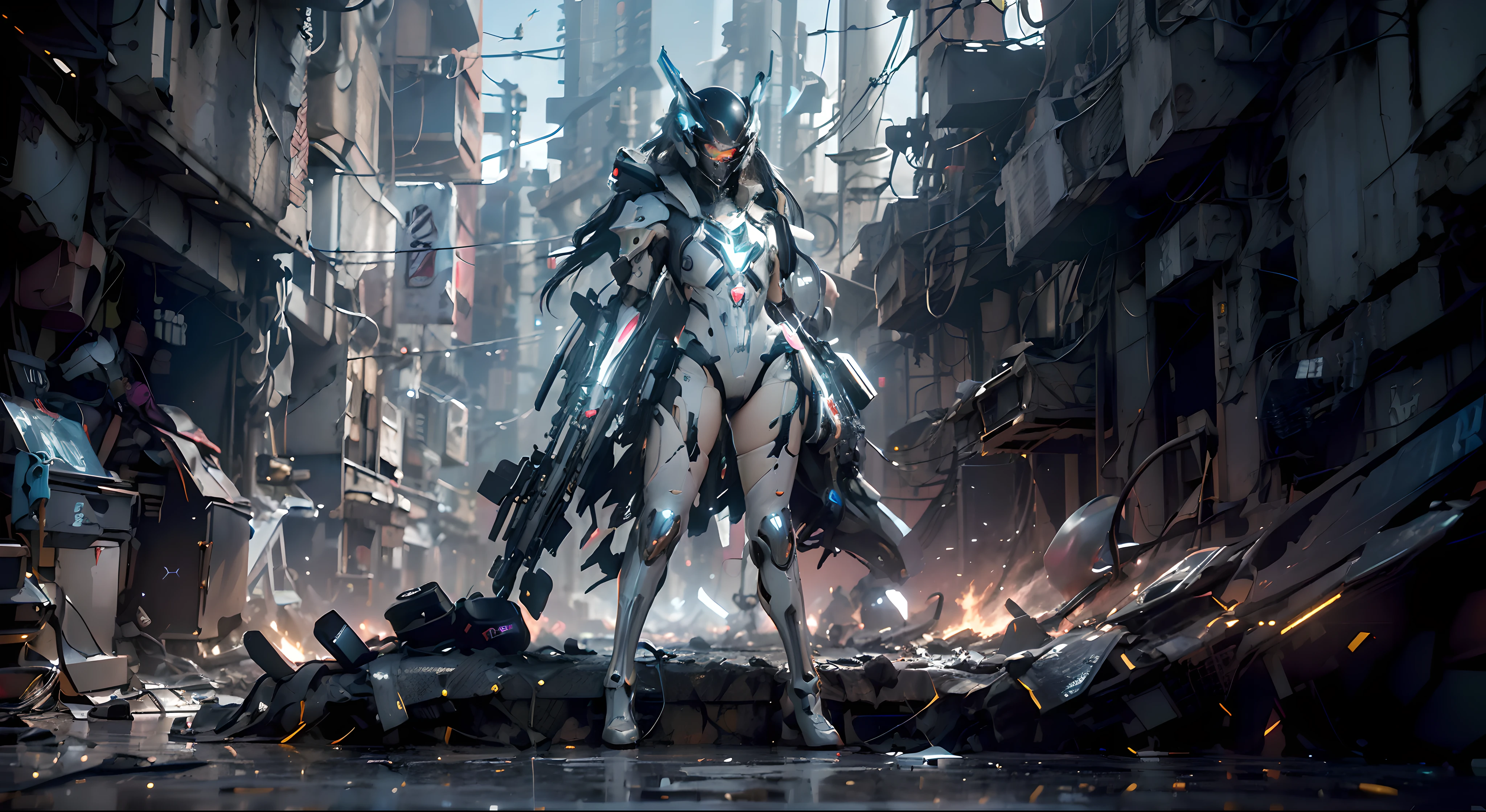 ((best quality)), ((masterpiece)), ((realistic)), (detailed), (photorealistic:1.5)1girl, ((helmet futuristic)),(masker cyber,a futuristic girl, (thick body), (black neon bodysuit), lights on armor, cybernetic headwear, looking at viewer, dynamic pose, post apocalyptic, destroyed city background, buildings on fire, science fiction, hdr, ray tracing, nvidia rtx, super-resolution, unreal 5, subsurface scattering, pbr texturing, post-processing, anisotropic filtering, depth of field, maximum clarity and sharpness, rule of thirds, 8k raw, (luminescent particles:1.4), (extremely detailed cg, unity 8k wallpaper, 3d, cinematic lighting, lens flare), reflections, sharp focus, cyberpunk art, cyberpunk architecture, landscape apocalypse city