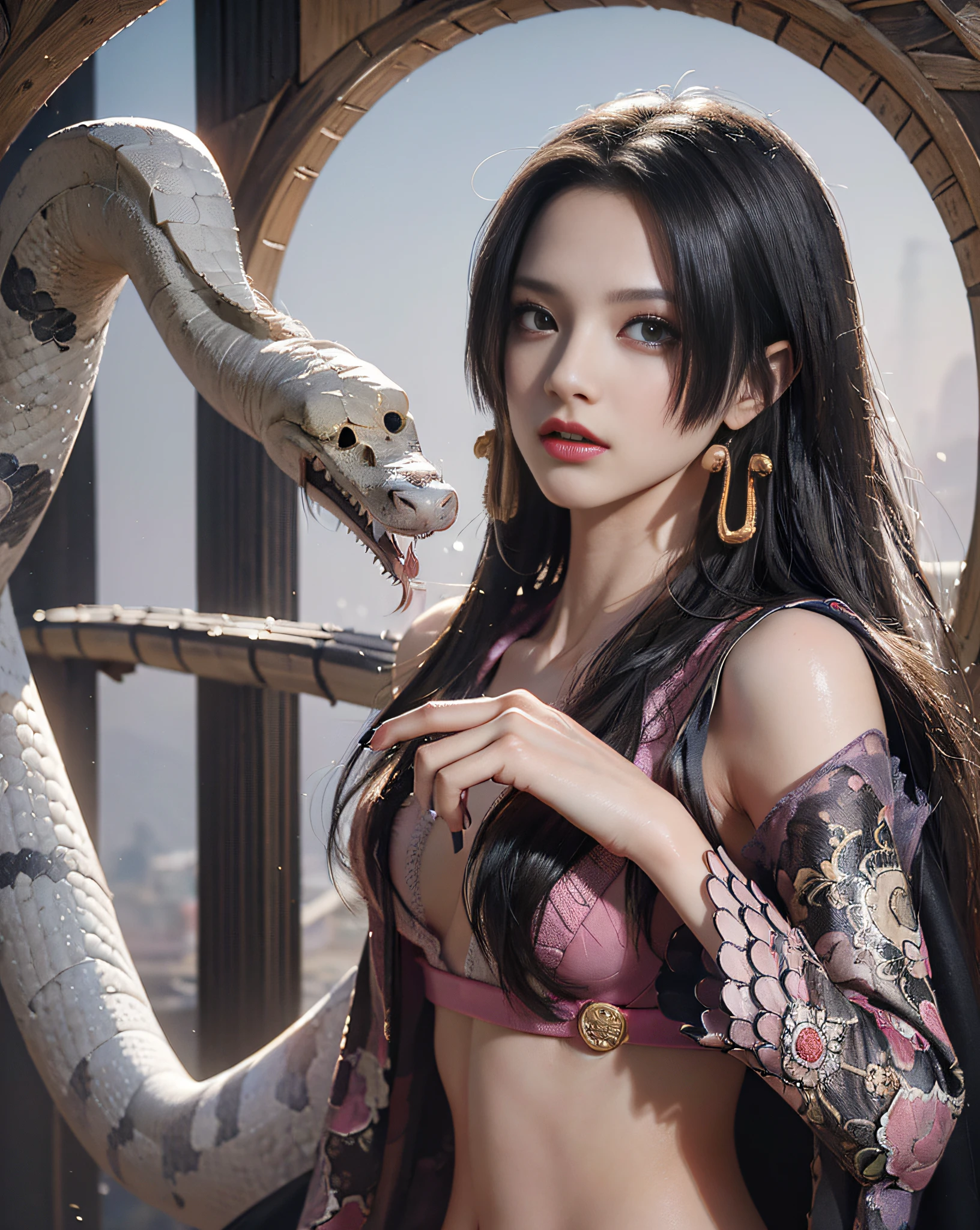 (((masterpiece+best quality+high resolution+ultra-detailed))), boa hancock, snake_skull, long silky black hair, high nose, sharp eyes, noble and inviolable temperament, (([female]: 1.2 + [beauty]: 1.2 + black long hair: 1.2)), snake background, bright eyes, dynamic angle and posture