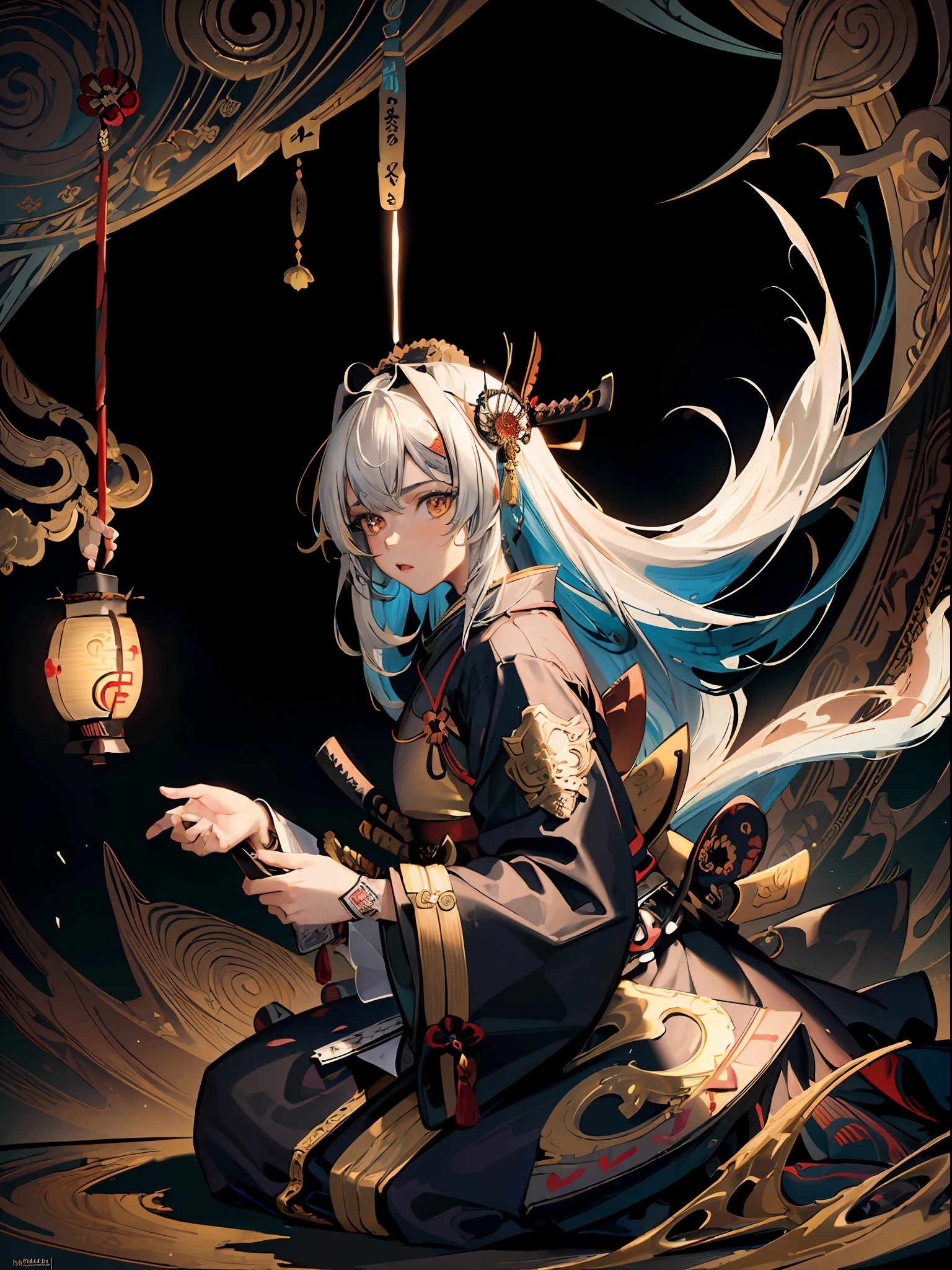 BREAK, (masterpiece, best quality, absurdres:1.4), (highly detailed CG illustration), highly detailed, Cyborg Arms, cinematic light, dynamic pose, official art, colorful, romanticism, the most beautiful form of chaos, elegant, a brutalist designed, abstract background, lantern, cloud, floral, hair flower,(full body), expressions, BREAK, 1girl, (samurai suit:1.5), long eyelashes, absurdly long hair, colorful hair, (white dress) BREAK, (by Dave Seeley:1.7), (Maximalism:2), (complicated background, complicated decorations, complicated dress:2), (colorful eyes:1.4), (extreme detailed:1.5),(fractal art:1.1), (colorful art),(detailed eyes),(high definition eyes),((bright light in background))