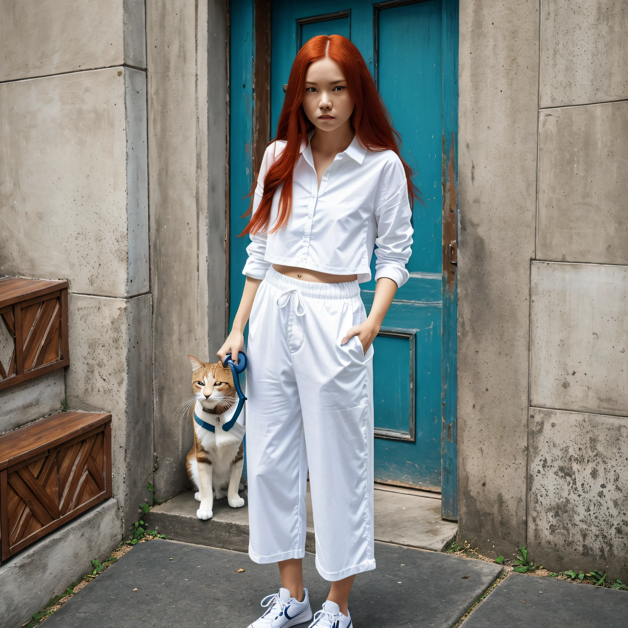 a woman in a white cropped shirt and blue long pants is play with a cat, simple style, wearing elegant casual clothes, muted blue, simple clothes, milk and ocean style, casual clothing style, modern fashion outfit, wearing a fisher , casual modern clothing, inspo, blue clothes, blue long pants, neutral tones, ocean and white color scheme, casual business outfit, full body, scary face, nike shoes, 22 years old, adult face, long hair, ((red hair)) --auto --s2