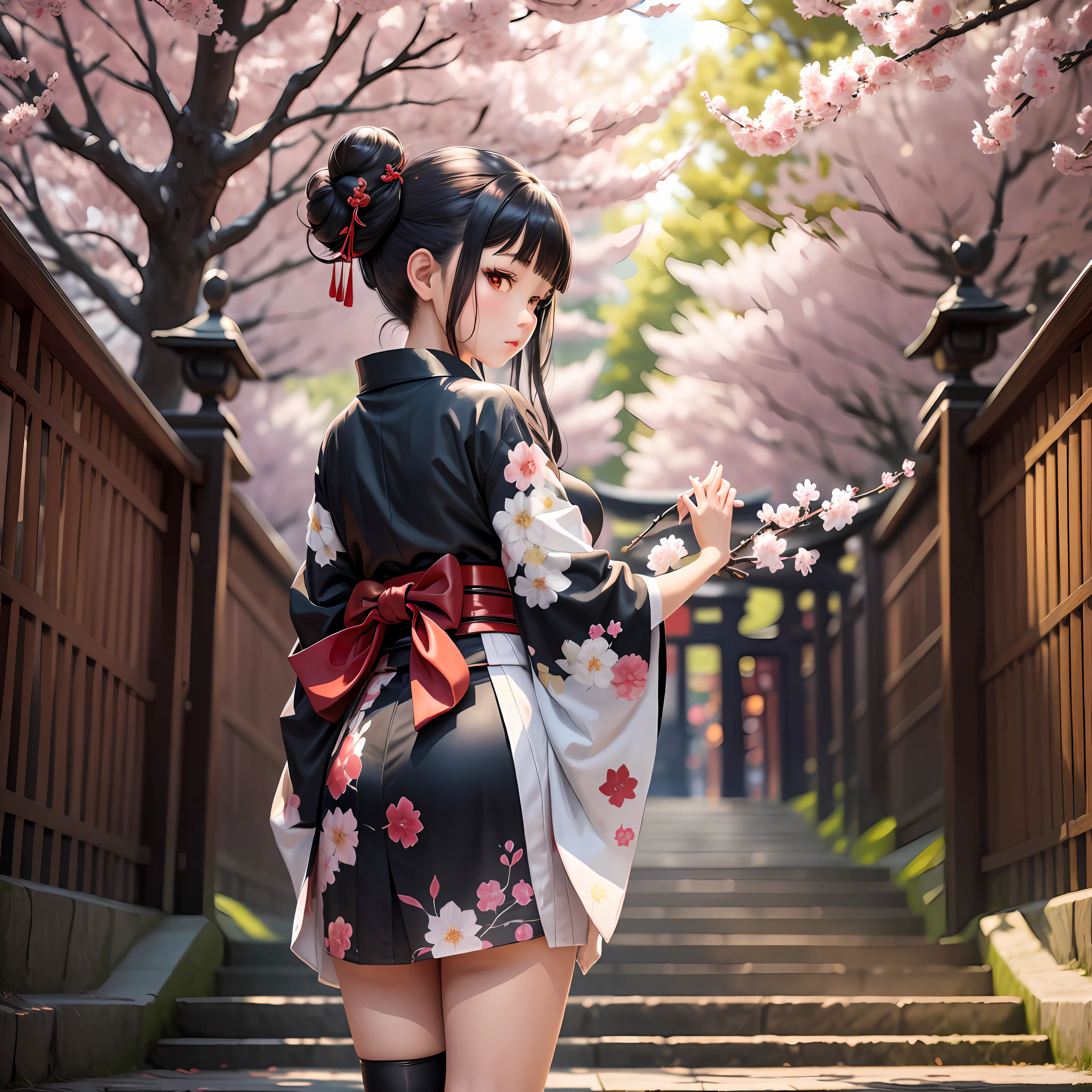 ((masterpiece,best quality)),2girls, black kimono, black legwear, black ribbon, black hair, cherry blossoms, day, flower, hair bun, hair ribbon, japanese clothes, kimono, long hair, looking at viewer, looking back, multiple girls, obi, outdoors, red eyes, red hair, ribbon, sandals, single hair bun, stairs, standing, statue, torii, tree, white kimono, yellow eyes