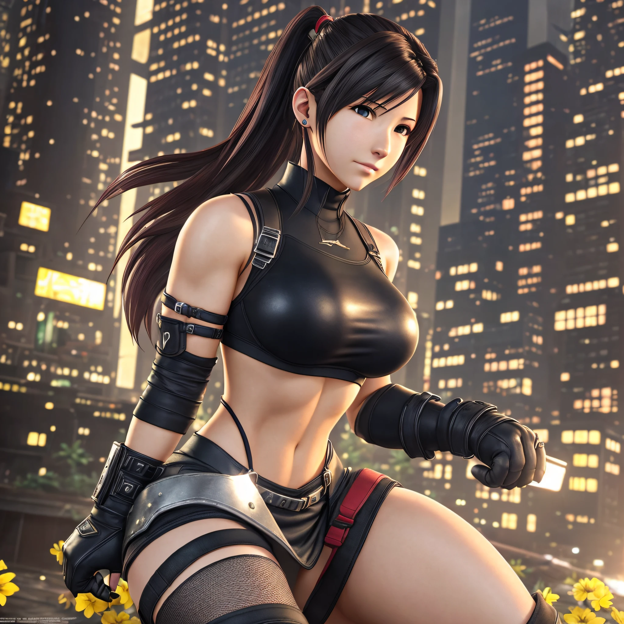 (8K, highest quality, masterpiece: 1.2), (realistic, photorealistic: 1.37), ultra high definition,
Final Fantasy VII remake Tifa Lockhart is a meticulous portrait of her sitting in a cityscape café on a date, with beautiful eyes and blushing nose, looking cute and solo. She wears single elbow pads, ankle boots, a black skirt, black thighs, red boots, as well as elbow gloves, elbow pads, and fingerless gloves. Her outfits include a sports bra, suspender skirt, thigh-high, and a white tank top. The whole body is visible with the head in the hands, revealing a pretty face, long hair tied low and lips. The scene is illuminated with professional lighting, photon mapping, and radiosity, creating a cyberfuturistic atmosphere in the Tetsuya Nomura style. The background is characterized by yellow flowers and a bokeh effect. Tifa closes her mouth with a small smile. Big tits. --auto --s2