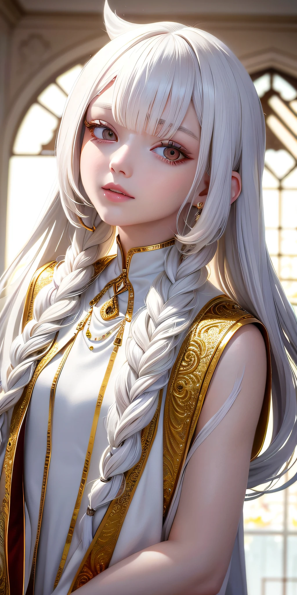 best quality, masterpiece,white hair, gold eyes,white clothes, looking up, upper body,hair strand,Fair skin,side braids