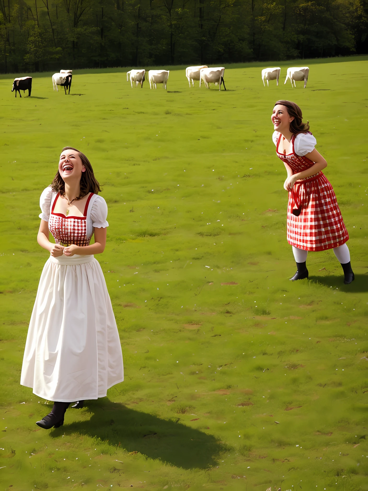 Brunette woman in dirndl, laughing loudly, frivolous, grazing cows in the background