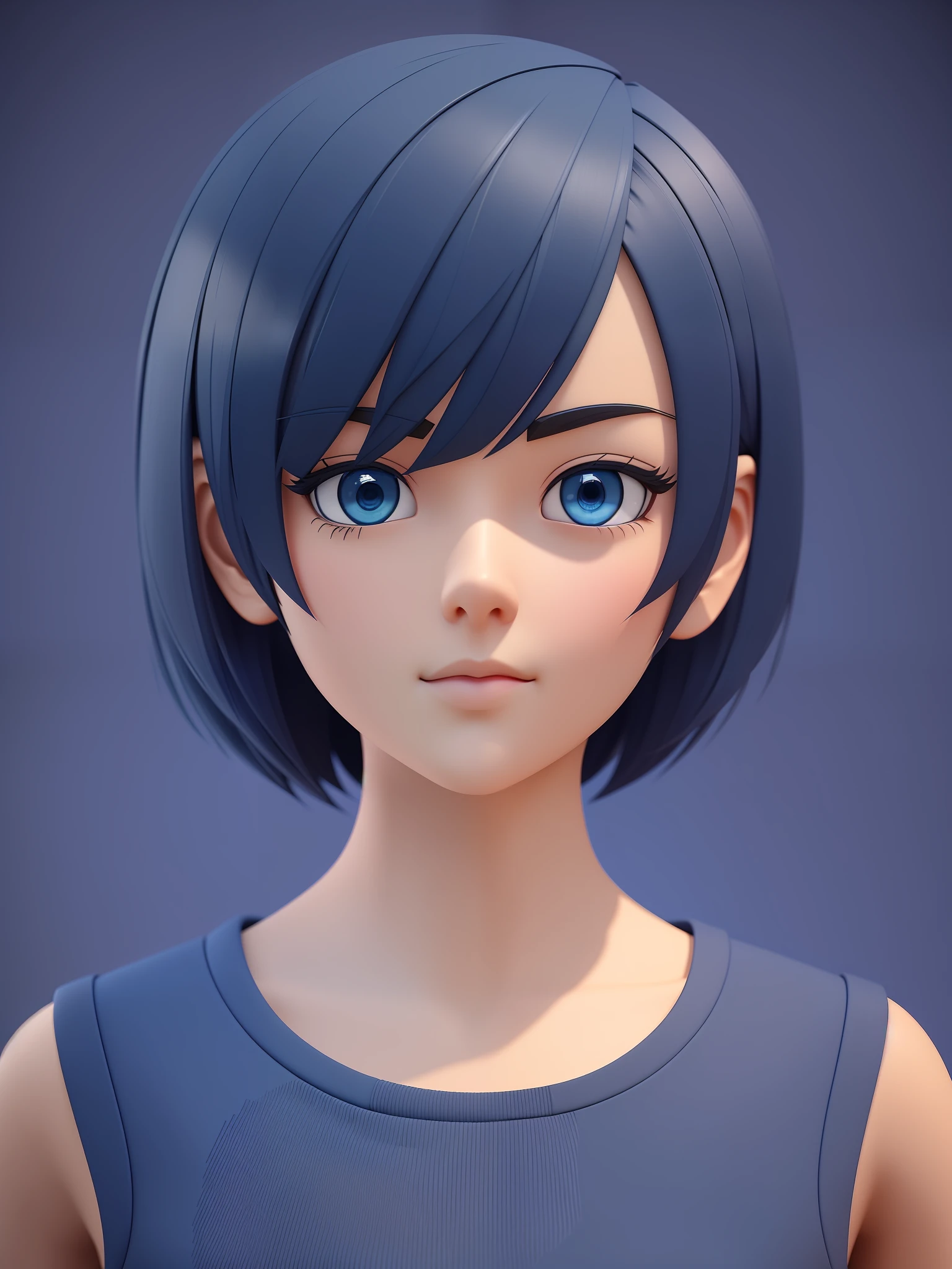 Young girl, a cartoon character light dark blue clothing, (short hair and dark blue), stylized character, animation character, stylized 3d render, 3d character, highly detailed character, stylized anime, stylized 3d, render character, character model, close up, maximum quality