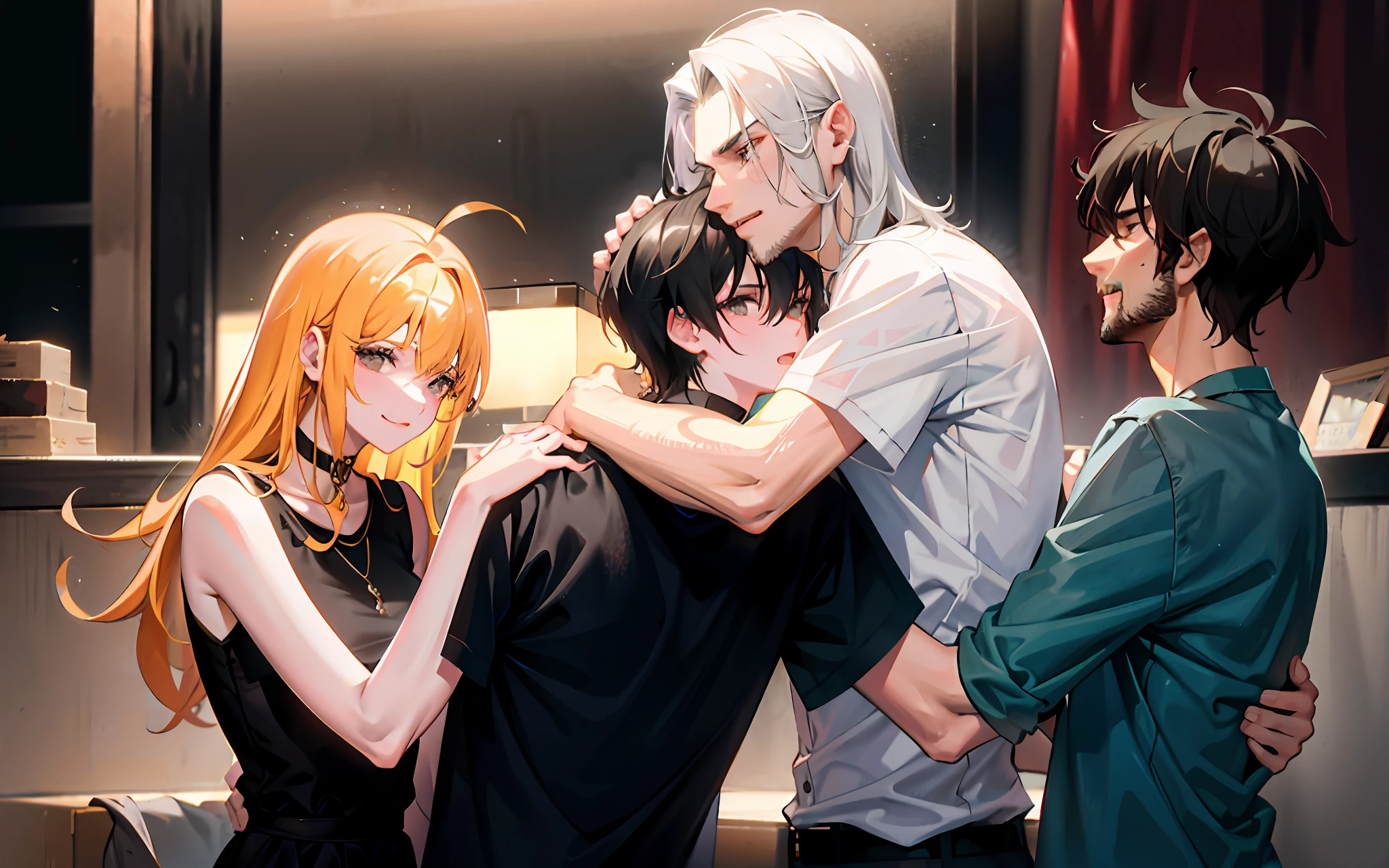 Family with a scruffy father, a loving lover, a skinny 19-year-old son and loving mother, a grumpy older brother, and a cute hug