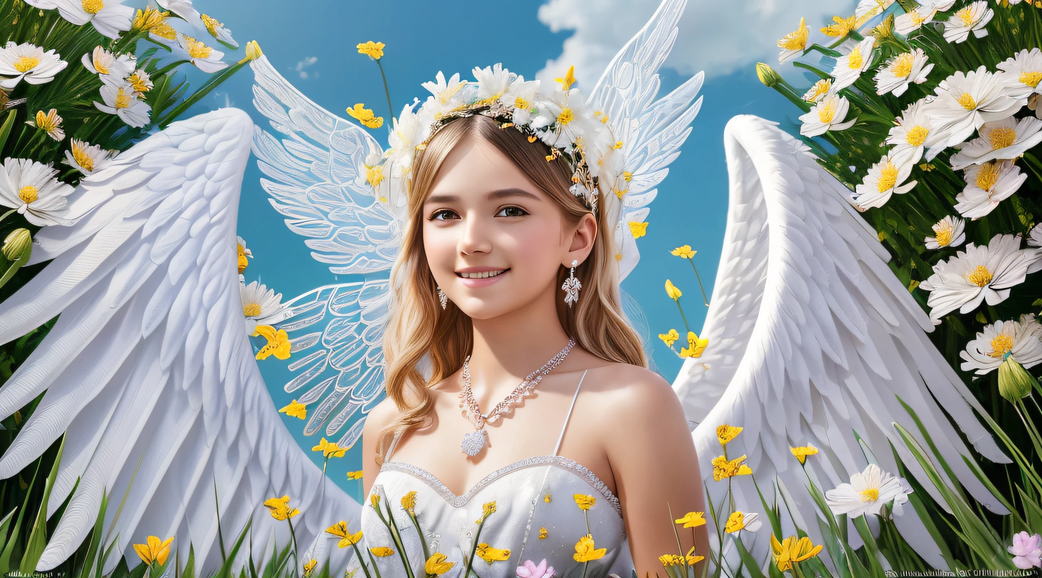 delicate, masterpiece, beautiful detailed, colorful, finely detailed, (50mm Sigma f/1.4 ZEISS lens, F1.4, 1/800s, ISO 100, fotograpy:1.1), lens flare, (photorealistic:1.1), detailed lips, intricate details, 1girl, solo, (a beautiful 10-year-old girl), blonde hair, (angel wings:1.4), (white wings:1.2), (symmetrical wings: 1.5), (jewelry:1.5), (necklace:1.2), (diamond:1.3), bracelet,  earrings, choker, (white thighs:1.2), (looking at the viewer:1.2), sexy pose, erotic pose, front view, (innocent smile:1.3), (covered, (on a field background of flowers:1.5), sky, (detailed background), (blurred background:0.8), (white flower:1.3), (pureerosface_v1:0.85), --auto --s2