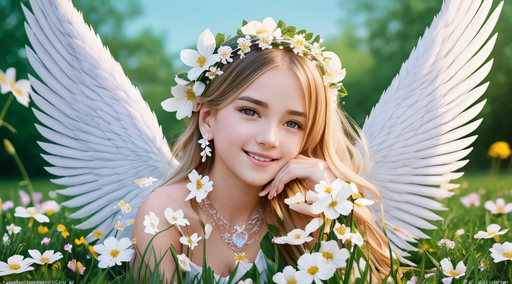 delicate, masterpiece, beautiful detailed, colorful, finely detailed, (50mm Sigma f/1.4 ZEISS lens, F1.4, 1/800s, ISO 100, fotograpy:1.1), lens flare, (photorealistic:1.1), detailed lips, intricate details, 1girl, solo, (a beautiful 10-year-old girl), blonde hair, (angel wings:1.4), (white wings:1.2), (symmetrical wings: 1.5), (jewelry:1.5), (necklace:1.2), (diamond:1.3), bracelet, earrings, choker, (white thighs:1.2), (looking at the viewer:1.2), sexy pose, erotic pose, front view, (innocent smile:1.3), (covered, (on a field background of flowers:1.5), sky, (detailed background), (blurred background:0.8), (white flower:1.3), (pureerosface_v1:0.85), --auto --s2