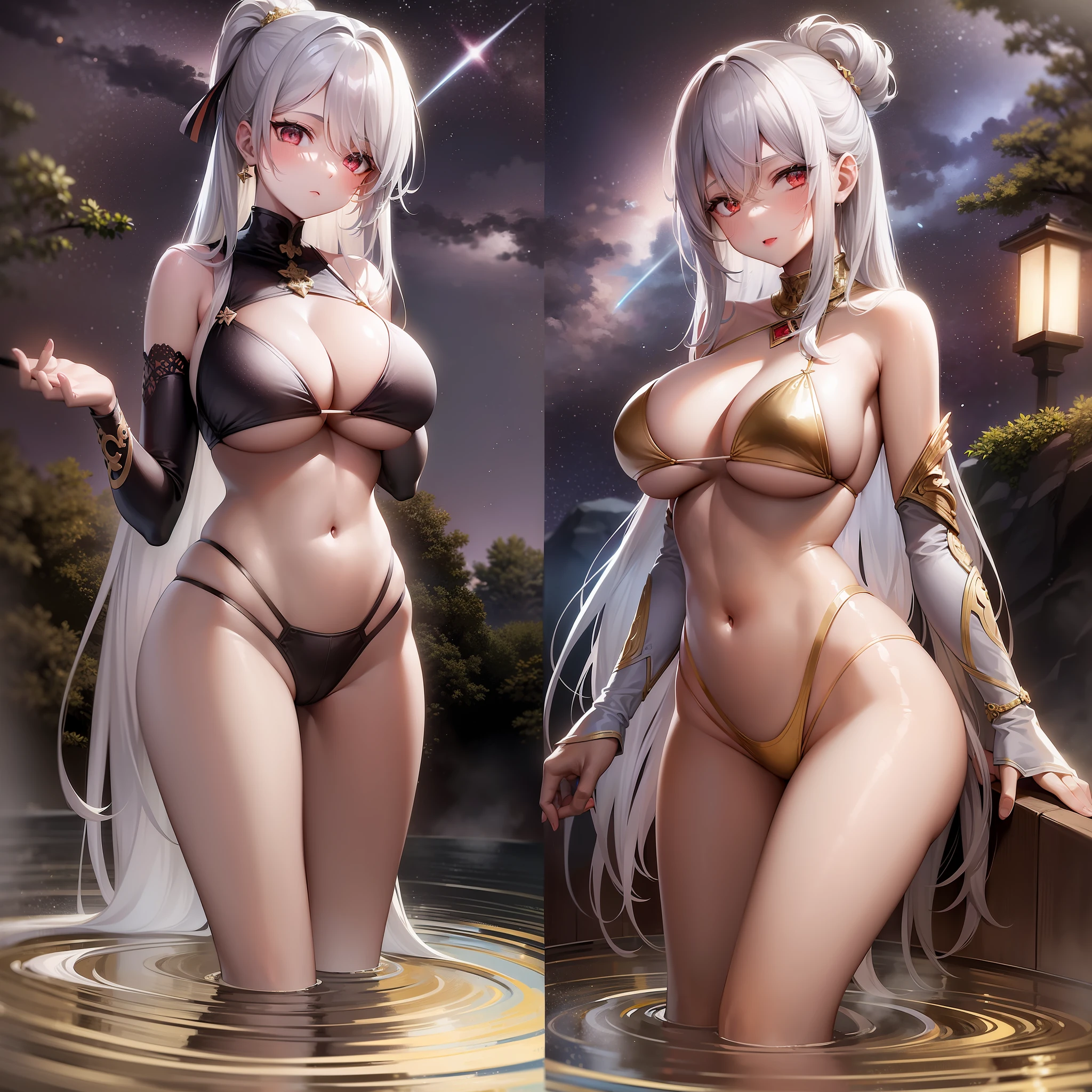 1 girl, young adult woman, silver hair, long hair, straight hair, tall, gold metallic bikini, hot spring bath, outdoors, late night, starry sky, red eye, standing style, human hands, full body, crotch groove, huge breasts,