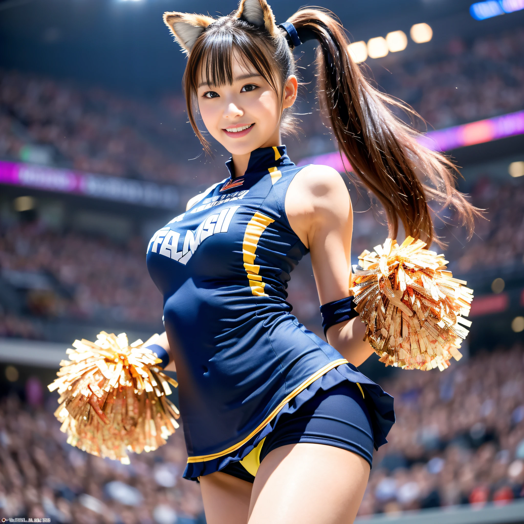 (4K, High Definition, Masterpiece: 1.2, Best Quality), Cheerleader, 20 Year Old Lovely Japan Woman, Looking Ahead,Smaller Face, Detailed Hands, Detailed Fingers, Detailed Feet, Detailed Hips, Detailed Thighs, Middle Breasts, Middle Hip, Smile, Head: 1.3, Sharp Focus, Night, Stadium, Artificial Light, Lighting, Dynamic Angle , (Very detailed face: 1.2): 0.2, a lot of sweat on the skin, side high ponytail, fox ears, standing