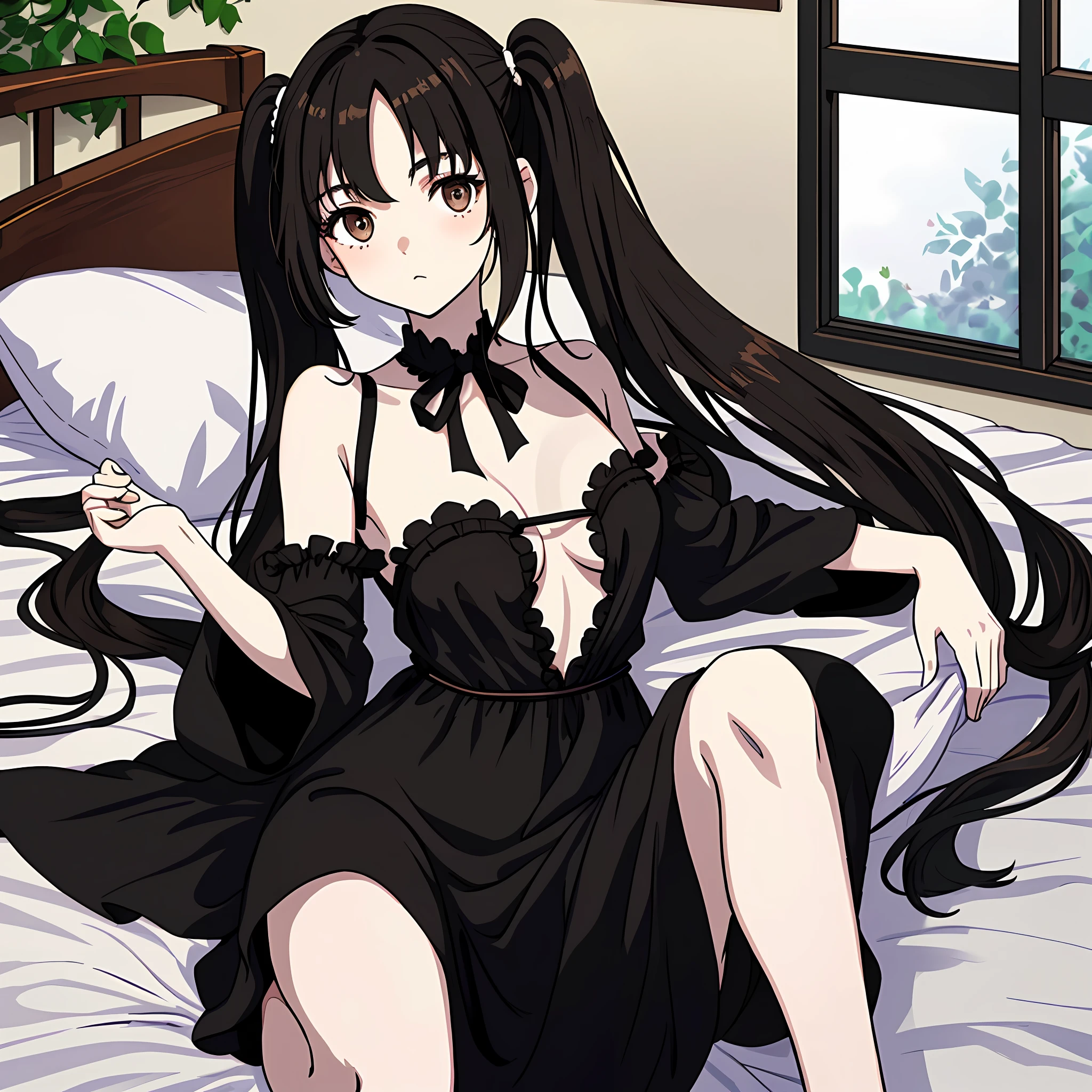 masterpiece: 1.2, best quality), (finely detailed beautiful eyes: 1.2), a girl with twintail, brown eyes, with a black nightgown open in front and no bra, bed lying down, black spot large breasts, age 20, black hair, pale white skin