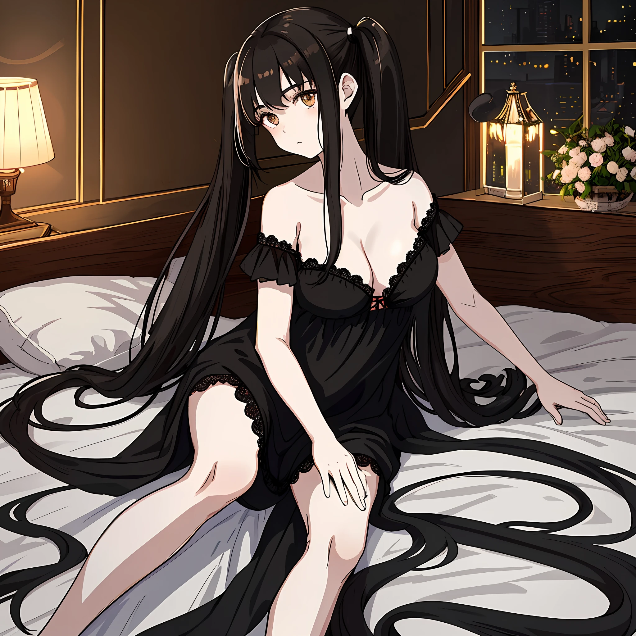 masterpiece: 1.2, best quality), (finely detailed beautiful eyes: 1.2), a girl with twintail, brown eyes, with a black nightgown open in front and no bra, bed lying down, black spot large breasts, age 20, black hair, pale white skin