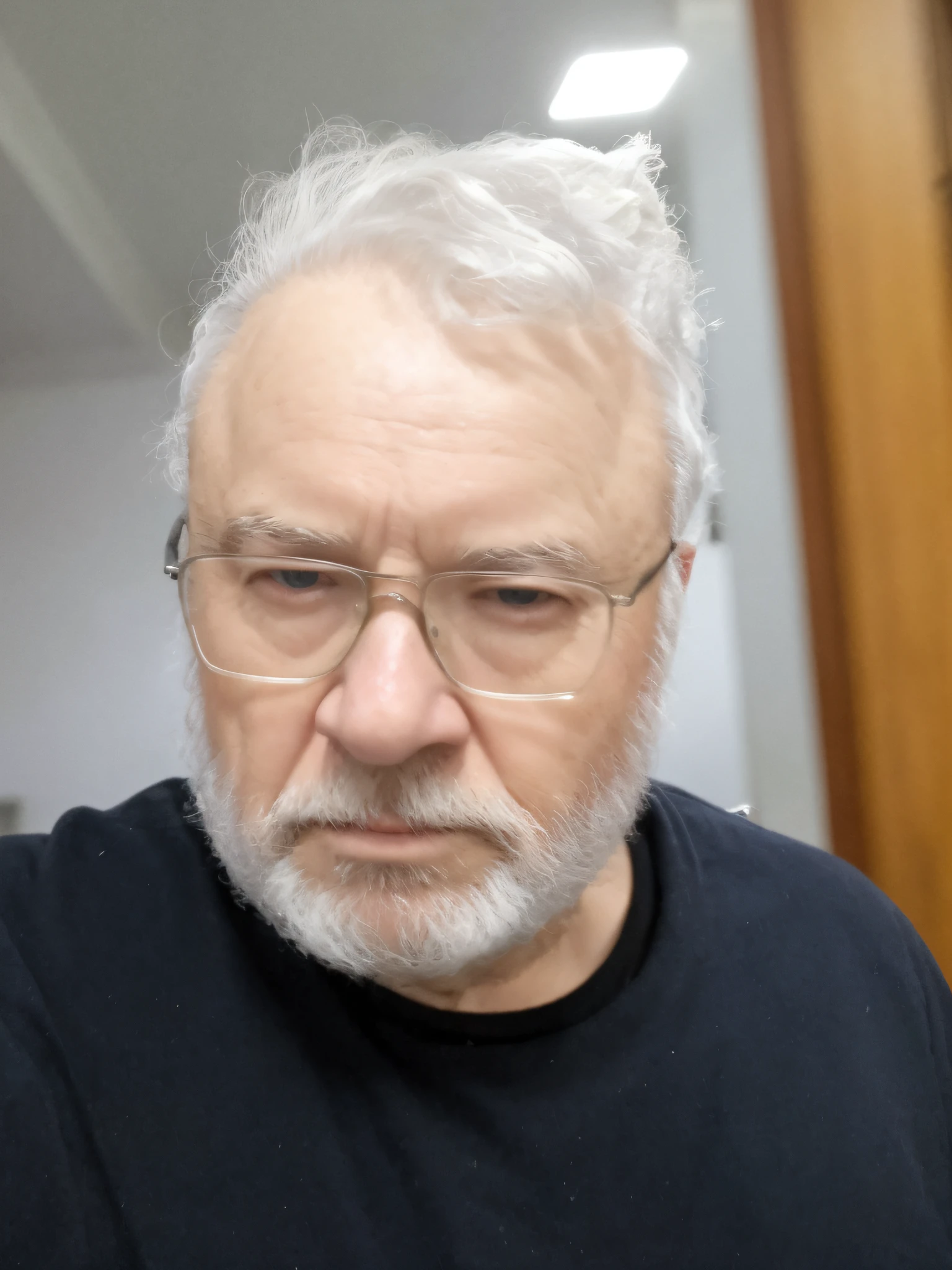 90-year-old man, long white hair, long beard, dark theme, ultra resolution, hyper realistic, hdr, absyrdres, cinematic shot, vignette, centered, short DOF, a close-up portrait of an old, Scandinavian, looking at the camera, old black eyes, short white hair, a braided curl of hair, white BARBA VIKING, missing teeth, narrow face, dark skin, broad shoulders, sun-worn and saltwater-wearing, real gibbon with golden patterns, real camera with focus on one eye, high focal length, DSLR, 200mm lens, photo by Cristina Otero, dark studio, edge lighting, two-tone lighting, dim light, low key, backlight,