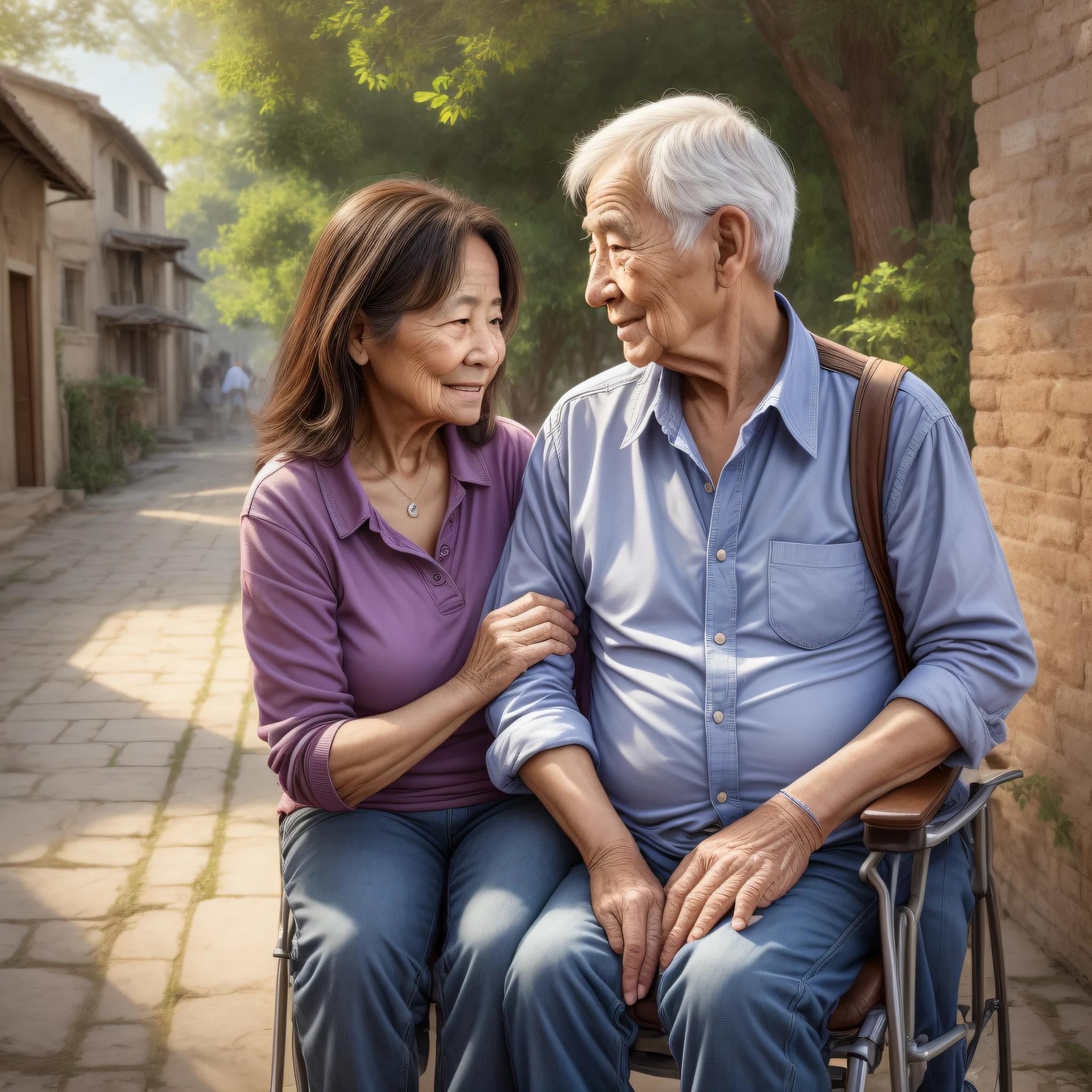 "ONE PERSON IS YOUNG THE OTHER PERSON IS OLD", two people, first person is young western and is taking care of the second person, second person is elderly, second person is a square, preserve the specific characteristics of each person, "emphasize that it is two people one young and the other old, the background environment is a square