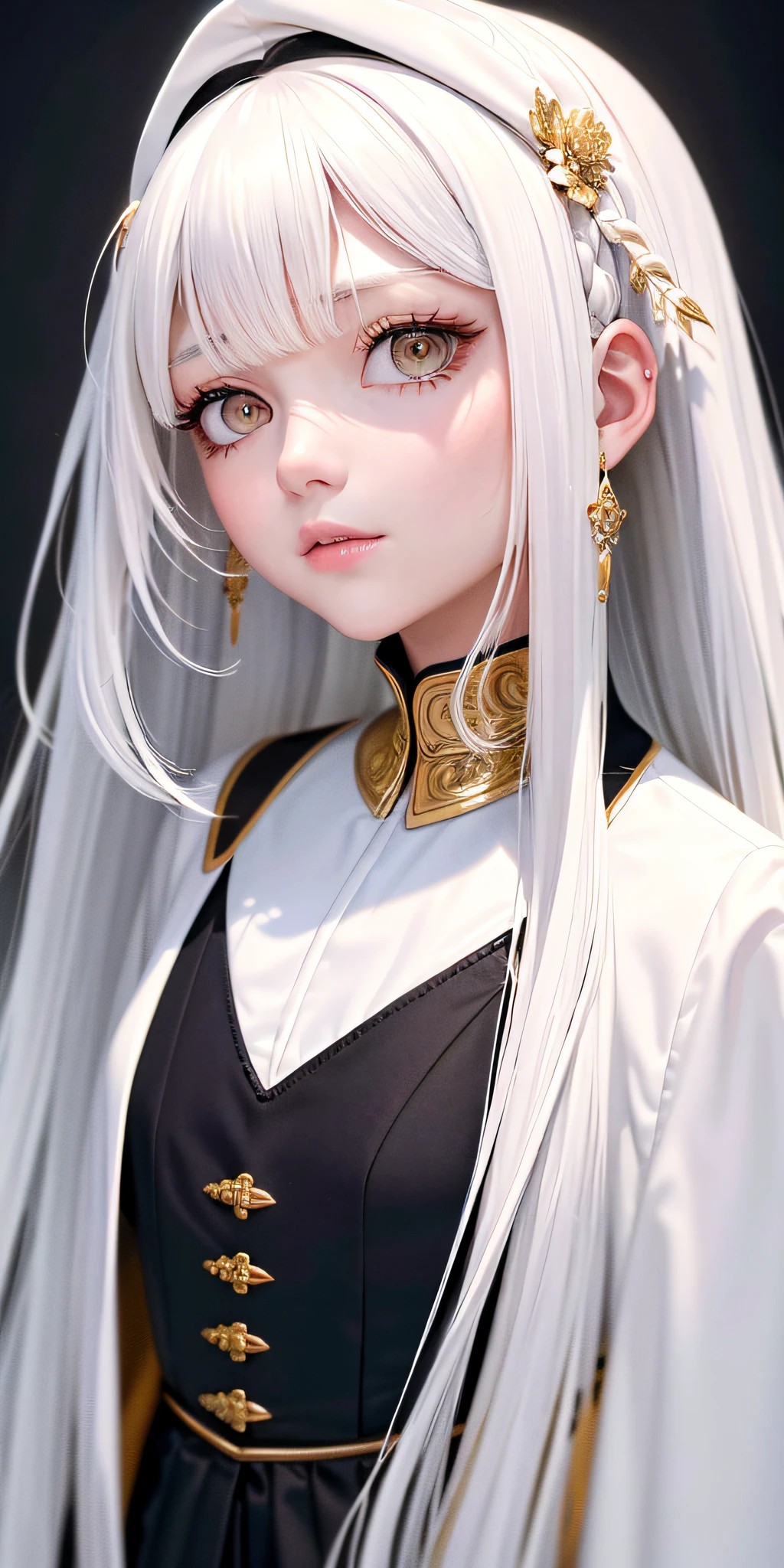 best quality, masterpiece,white hair, gold eyes,white clothes, looking up, upper body,hair strand,Fair skin,side braids