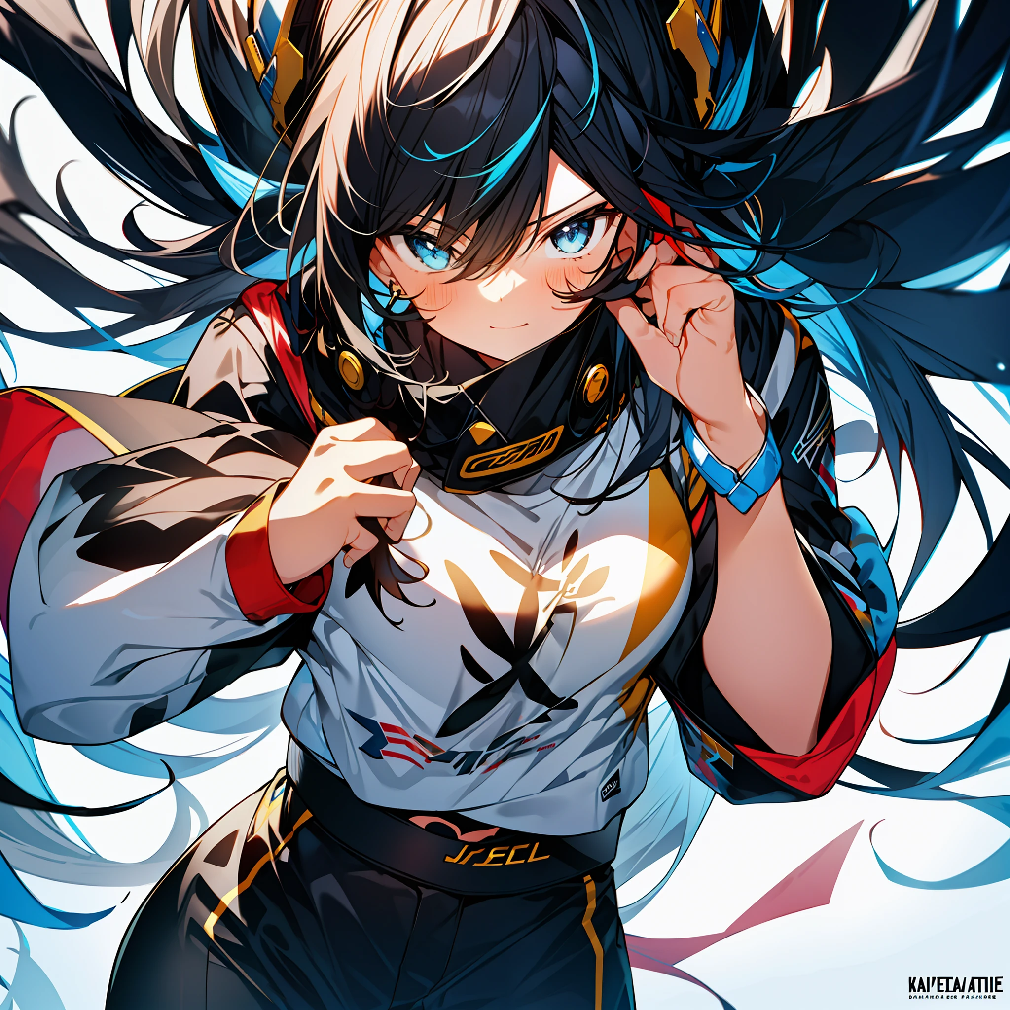 background, mixed-language_text, Japanese letters in graffit ,girls, long black hair, excellent lighting, sidelighting, (), vhsKeeper,, style GUILTY GEAR -STRIVE perfect ultimate (flat color: 1.3), (magazine_cover: 1.4), (multicolored_background: 1.3), striped_background, card_background, :: comix style by joe madureira :: circular pieces of white metals glued to the arms coming out shimmering yellow glow, , perfect and detailed, ultra detailed shirt with abstract design and with  Japanese letter print in graffit of the sides of the outfit, image of full-body girls fighting alongside you with powerful dragons versus alien creature full of tentacles, with immersive effects, hover effect, background style graffiti tribal tattoo with vibrant colors "ultra" hdr detailed and with focus effect, (masterpiece: 1.2, best quality), (beautiful eyes finely detailed:  1.2), , ((Solo)), (Finely detailed eyes and detailed face :1.3), in various full-body attack poses, (cute background: 1.2),futuristic costume, Super detailed circular metals Clinging to arms and pants, fantastic paintings