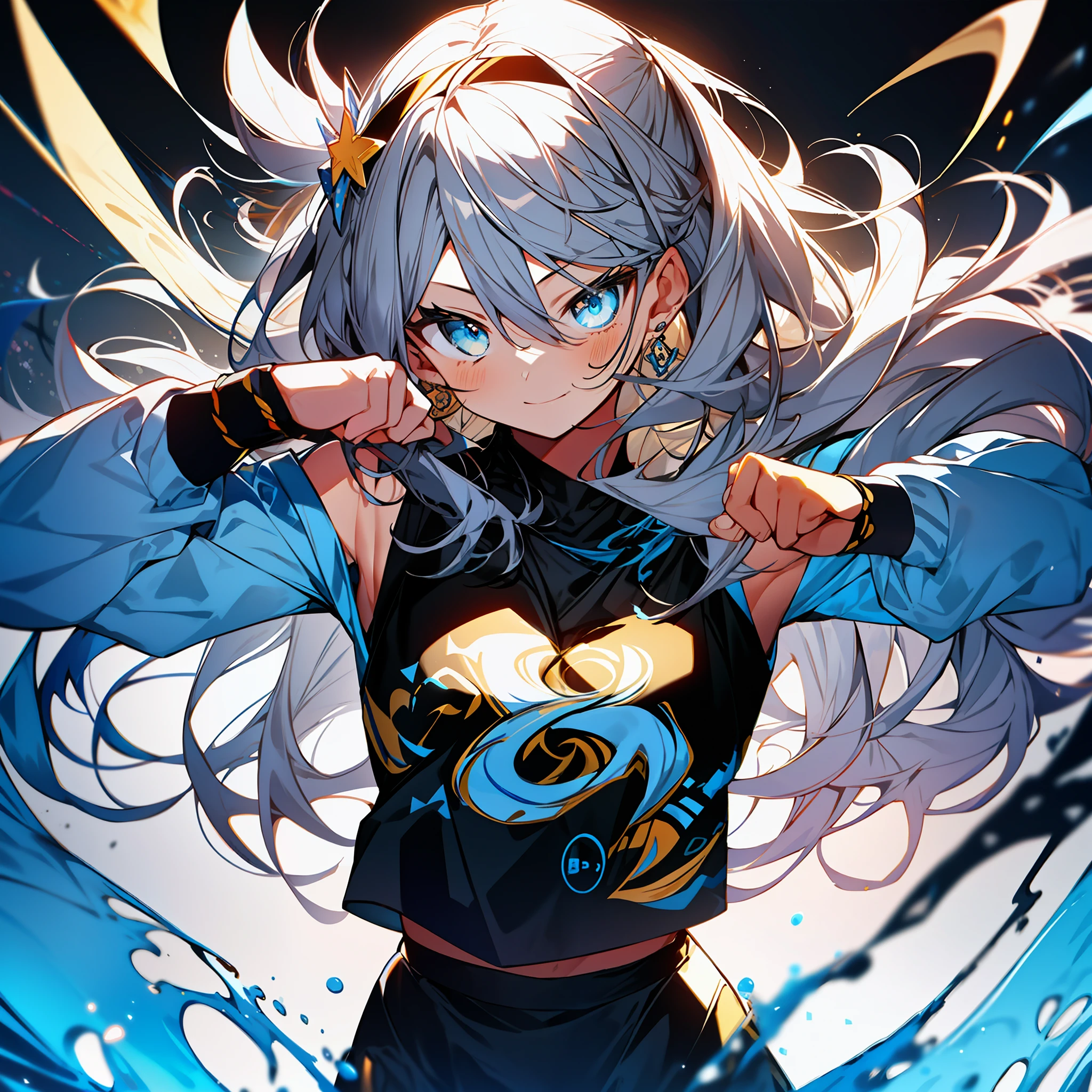 background, mixed-language_text, Japanese letters in graffit ,girls, long black hair, excellent lighting, sidelighting, (), vhsKeeper,, style GUILTY GEAR -STRIVE perfect ultimate (flat color: 1.3), (magazine_cover: 1.4), (multicolored_background: 1.3), striped_background, card_background, :: comix style by joe madureira :: circular pieces of white metals glued to the arms coming out shimmering yellow glow, , perfect and detailed, ultra detailed shirt with abstract design and with Japanese letter print in graffit of the sides of the outfit, image of full-body girls fighting alongside you with powerful dragons versus alien creature full of tentacles, with immersive effects, hover effect, background style graffiti tribal tattoo with vibrant colors "ultra" hdr detailed and with focus effect, (masterpiece: 1.2, best quality), (beautiful eyes finely detailed: 1.2), , ((Solo)), (Finely detailed eyes and detailed face :1.3), in various full-body attack poses, (cute background: 1.2),futuristic costume, Super detailed circular metals Clinging to arms and pants, fantastic paintings