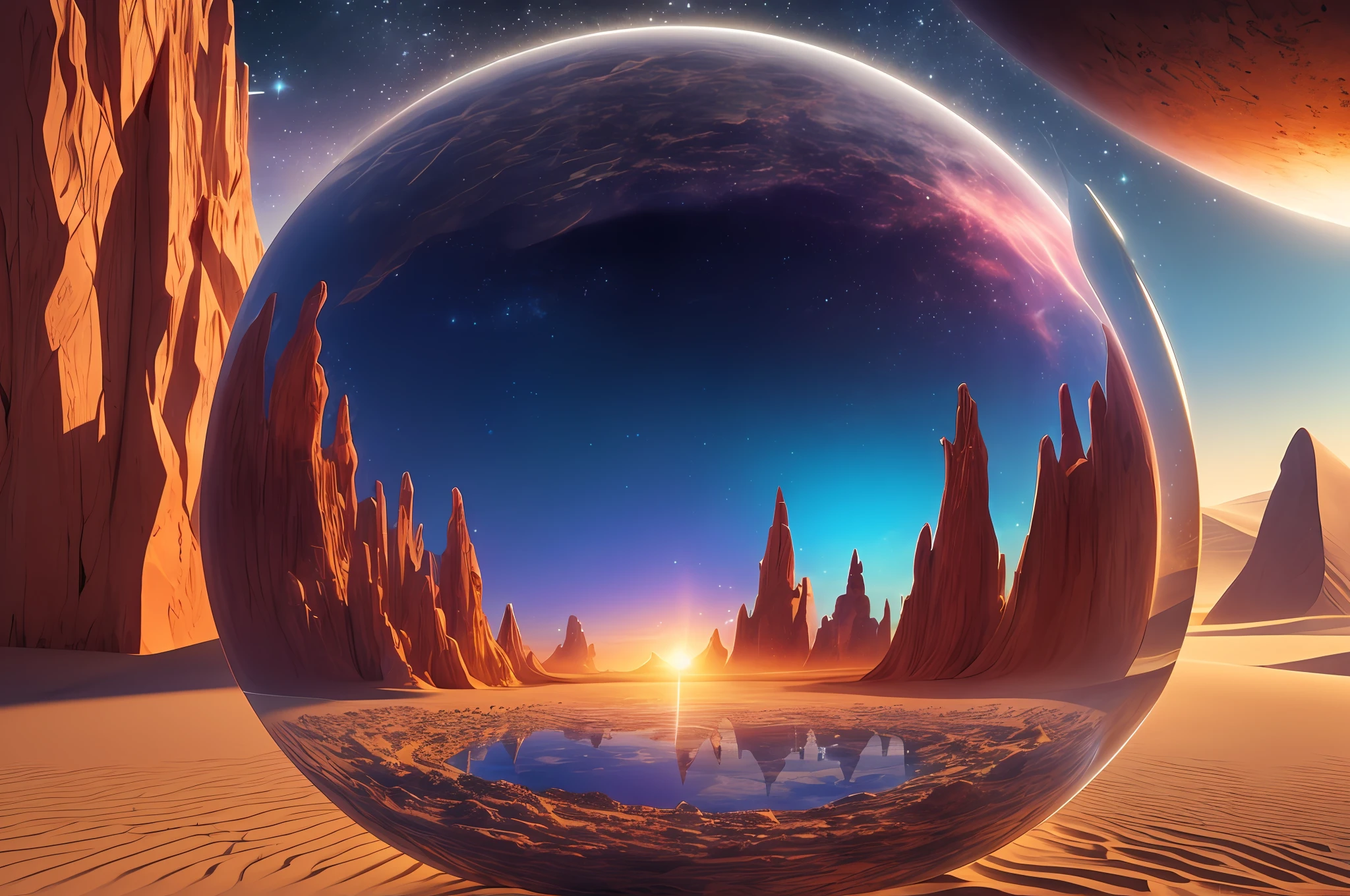 There is a crystal ball in the desert, ethereal starlight city at sunset, fantasy planet, 3D rendered by Bippul, inspired by Philip Hoddas, in the artistic style of Philip Hodass, planetscape, inspired by Bipple, epic dreamy fantasy landscape, inspired by Mike "Bipple" Winkelman --auto --s2